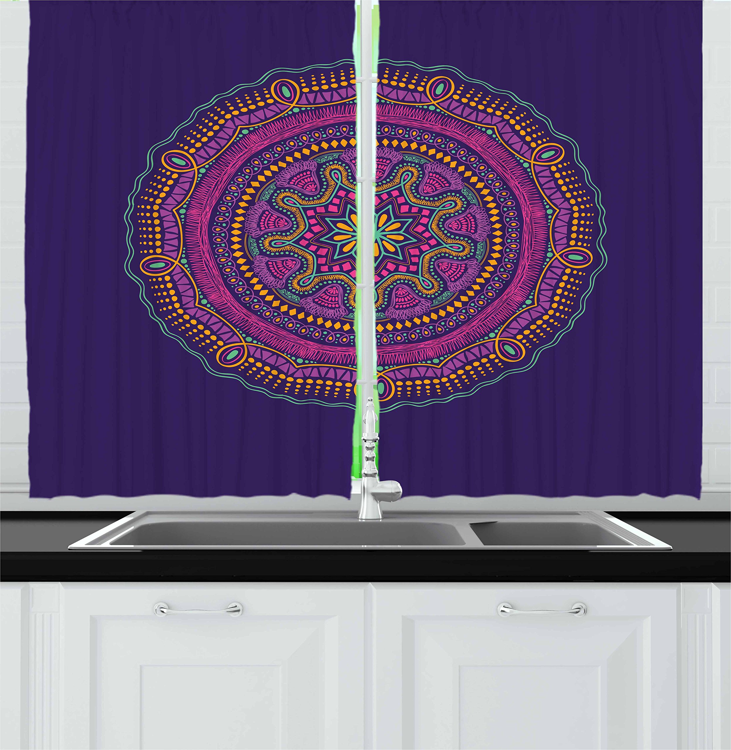Ambesonne Bohemian Yoga Kitchen Curtains - Mandala Round Purple Background Hippie Mystical Window Drapes, 2 Panel Set for Kitchen & Cafe Decor, 55