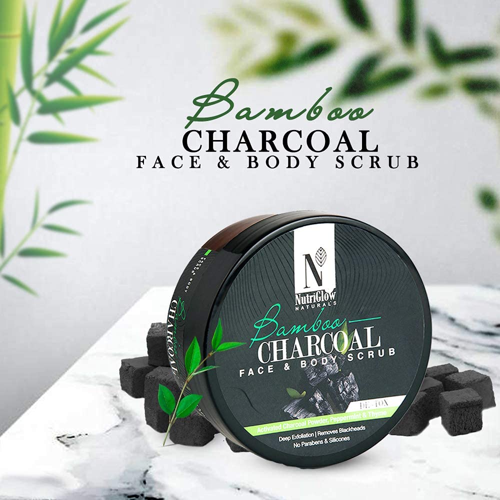 NutriGlow NATURAL'S Bamboo Charcoal Face & Body Scrub - Gentle Exfoliating & Nourishing for Blackheads, Acne & Dead Skin Removal | Sulfate-Free, 200g | Perfect for Daily Skincare & Spa Treatments