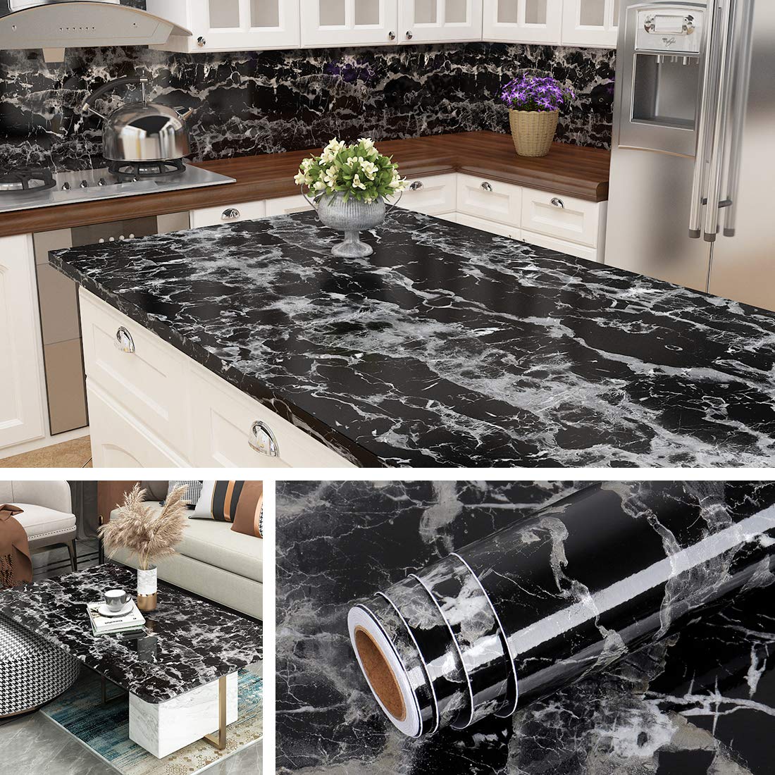 Livelynine 15.8x394 Inch Black Marble Contact Paper - Peel and Stick Waterproof Vinyl Wrap for Countertops, Kitchen Cabinets, Tables & Desks | Self-Adhesive Cover for Home & Office Renovation | Easy DIY Upgrade for Countertop Protection & Stylish Décor