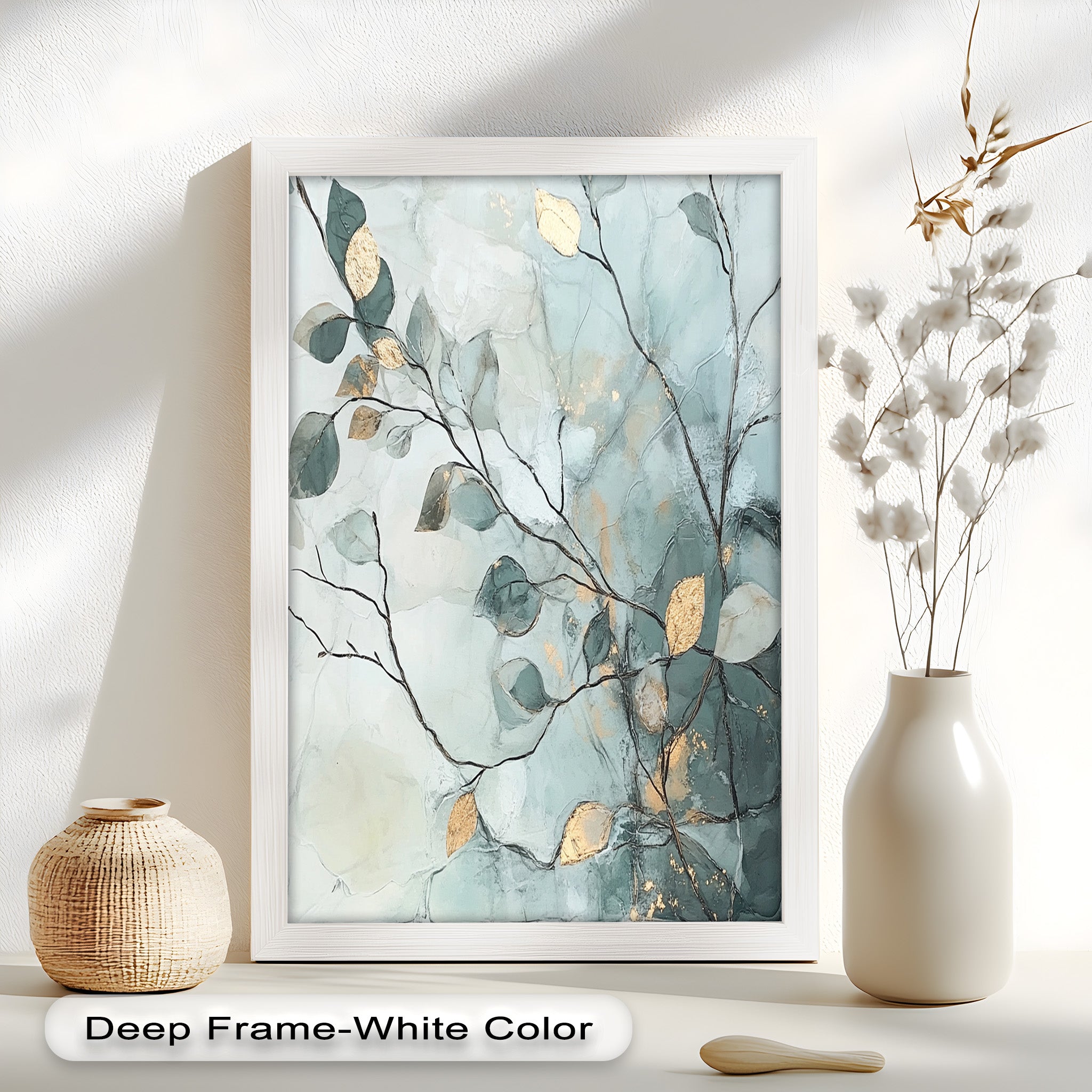 Blue and Metallic Leaf Branch Abstract Oil Painting - Handmade Canvas Wall Art for Living Room, Bedroom & Office Decor