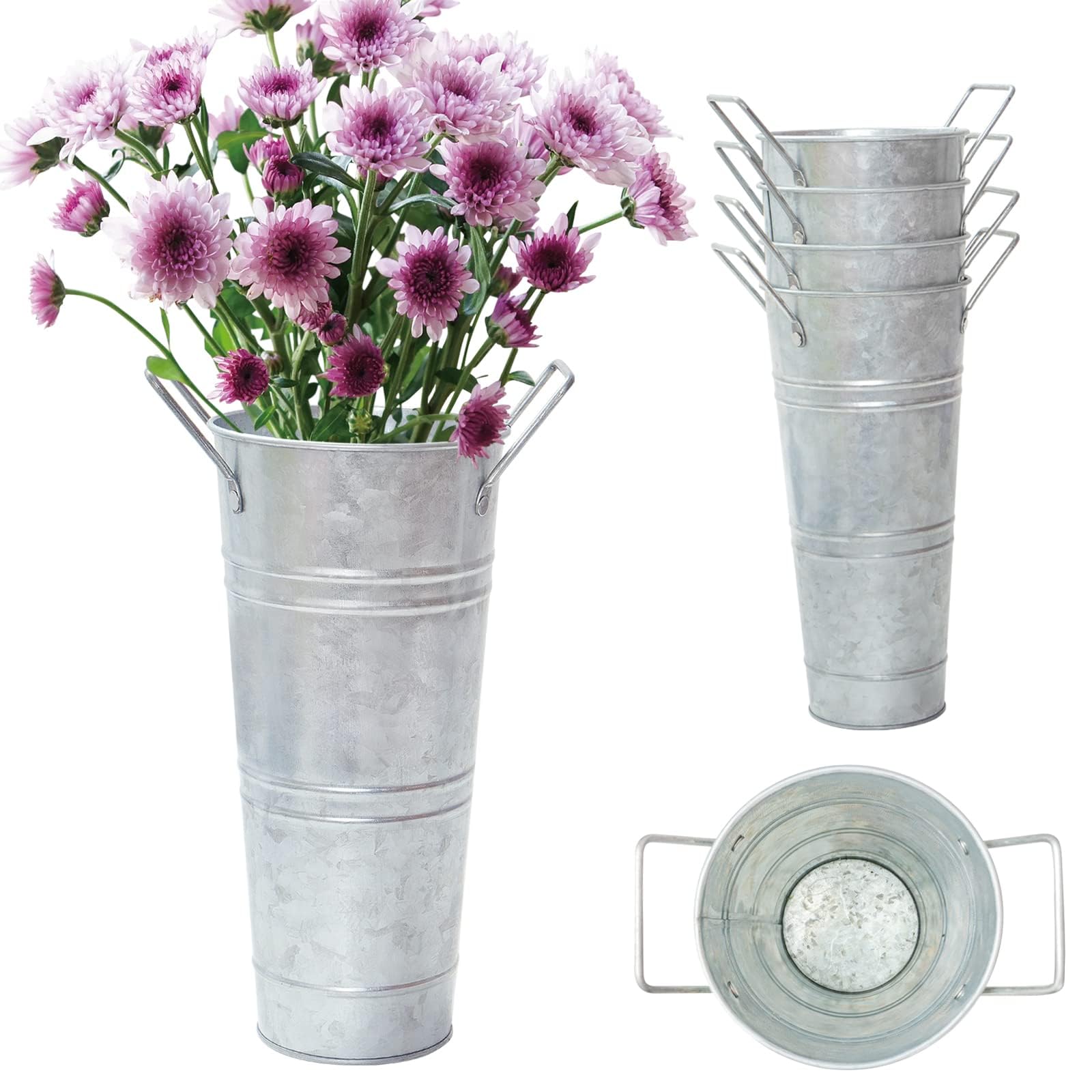 Galvanized Metal Vases Set of 4 - Farmhouse Flower Buckets for Home Decor & Weddings