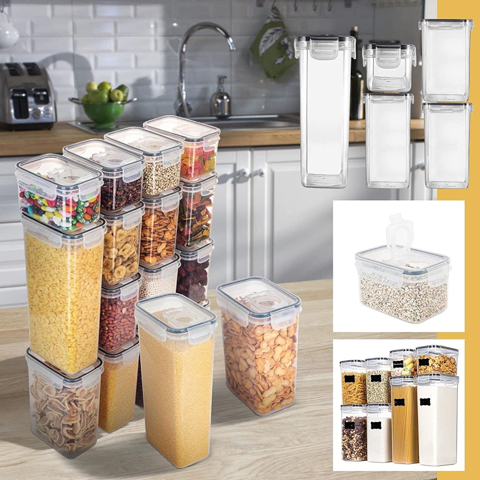 Vacuum Sealed Clear Plastic Storage Jars - Airtight Food Containers with Lids for Flour, Sugar, Coffee, Rice & Dry Goods - Perfect for Kitchen Pantry Organization & Fresh Food Preservation