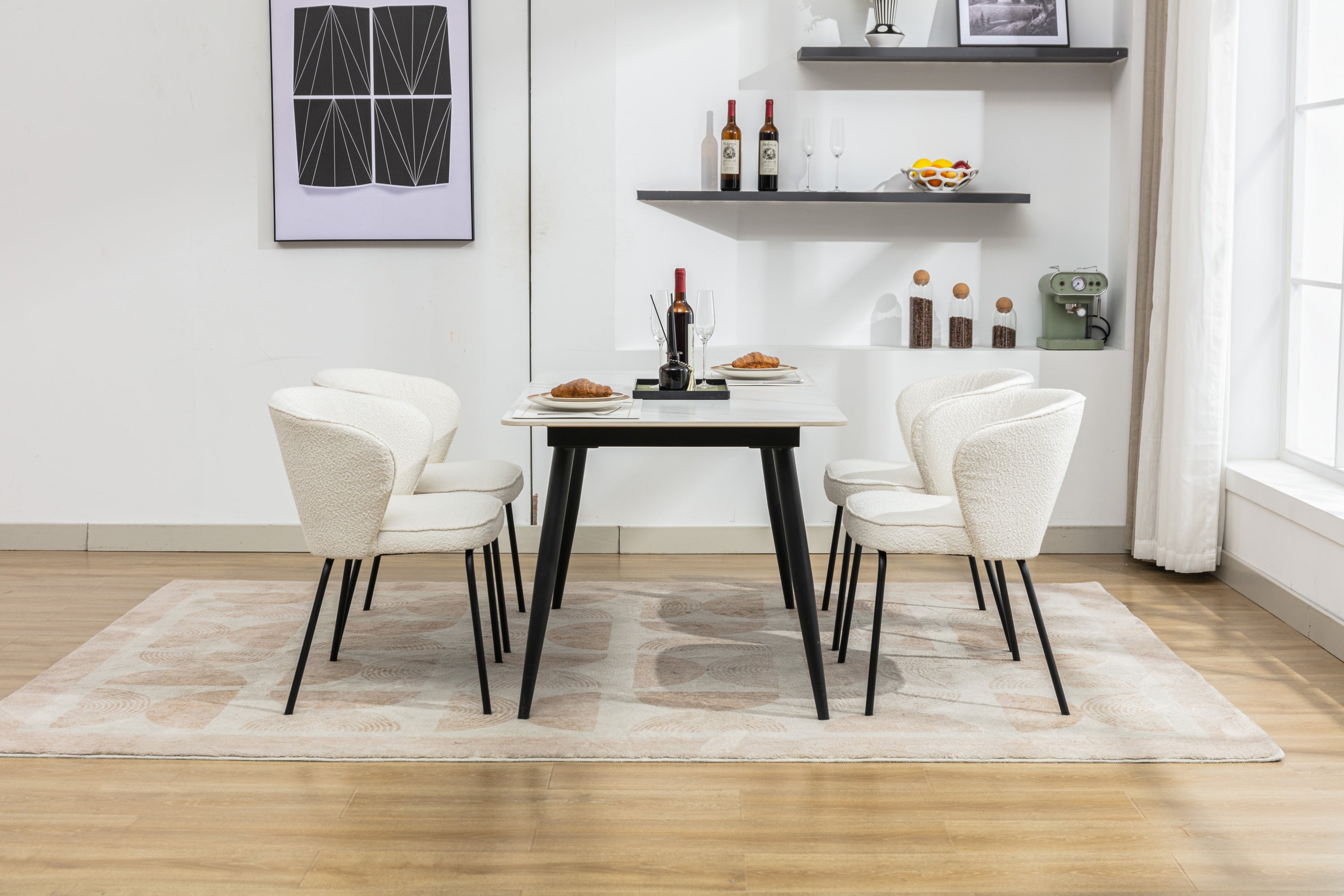 Boucle Fabric Dining Chairs Set of 2 with Black Metal Legs in Ivory - Modern Comfortable Kitchen & Dining Room Seating for Home & Office