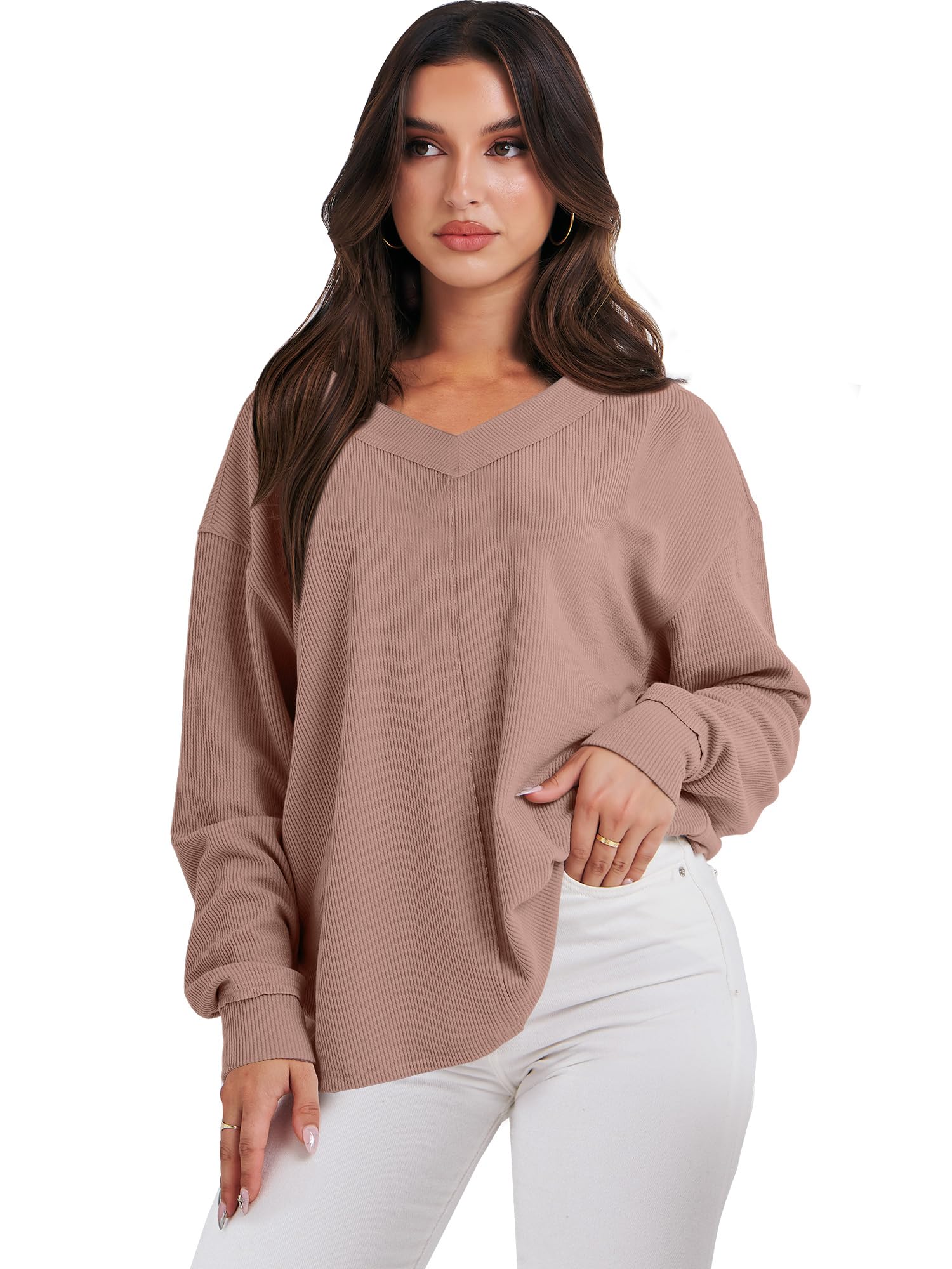Caracilia Women's Oversized Off Shoulder Long Sleeve Waffle Knit Sweater - V Neck Pullover Top for Fall 2024 | Casual Outfit, Date Night, Autumn Layering