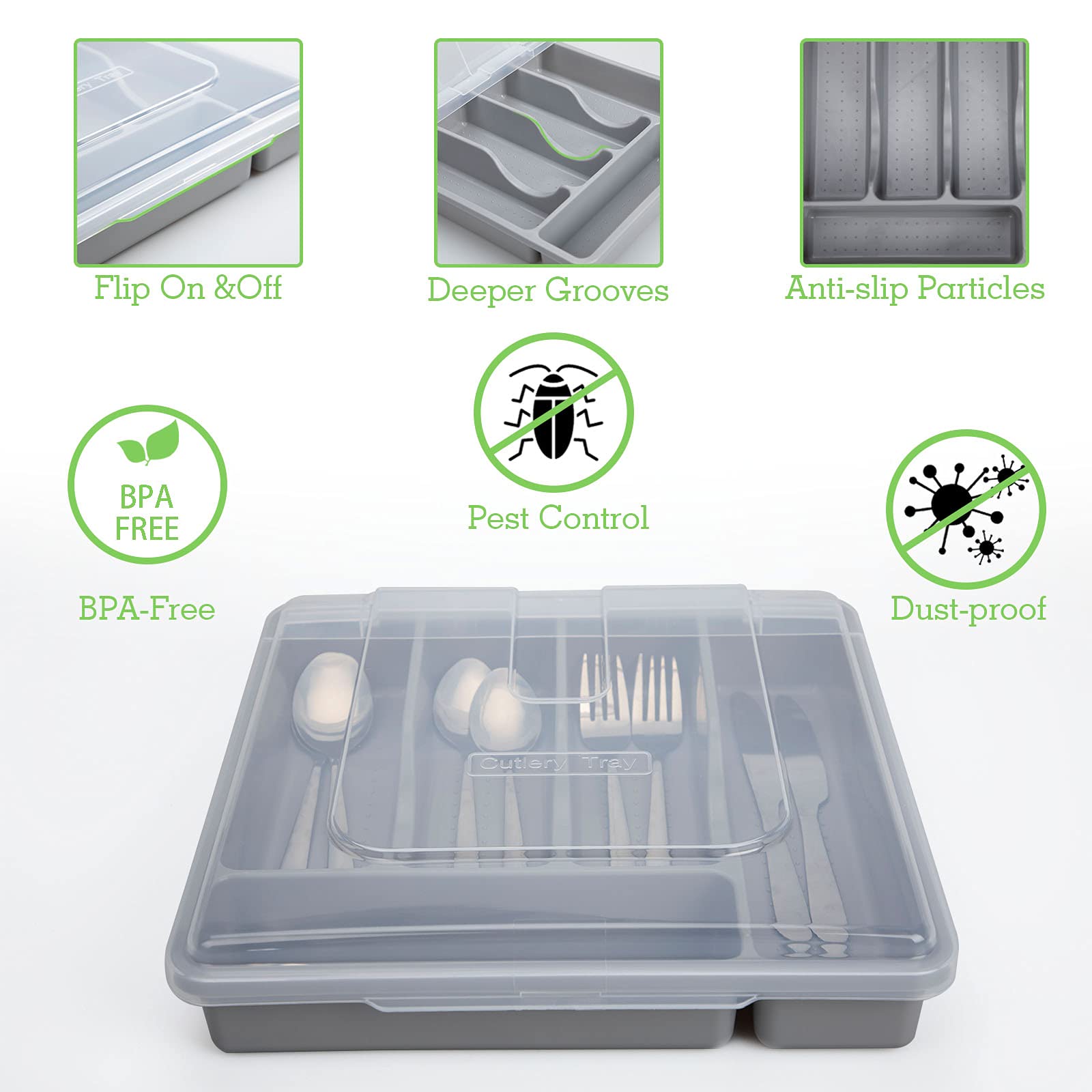 **5-Compartment Gray Plastic Silverware Organizer with Lid - Drawer & Countertop Utensil Holder for Kitchen, Dining, and Office Use**