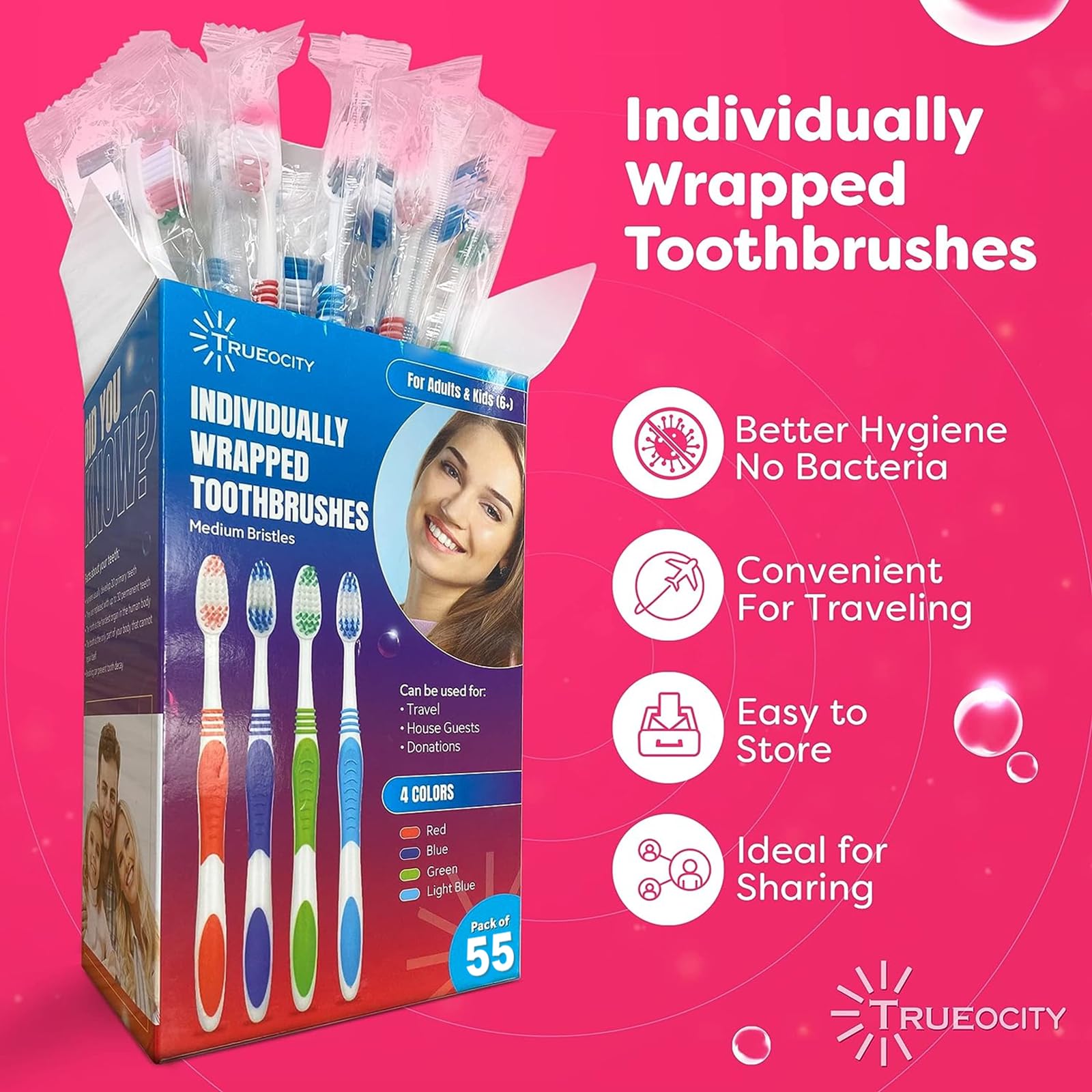 55 Pack Bulk Toothbrushes Individually Wrapped - Medium Bristles Soft Toothbrushes for Adults & Kids, Multi-Colored Dental Care Essentials for Home, Travel, School, and Office Use