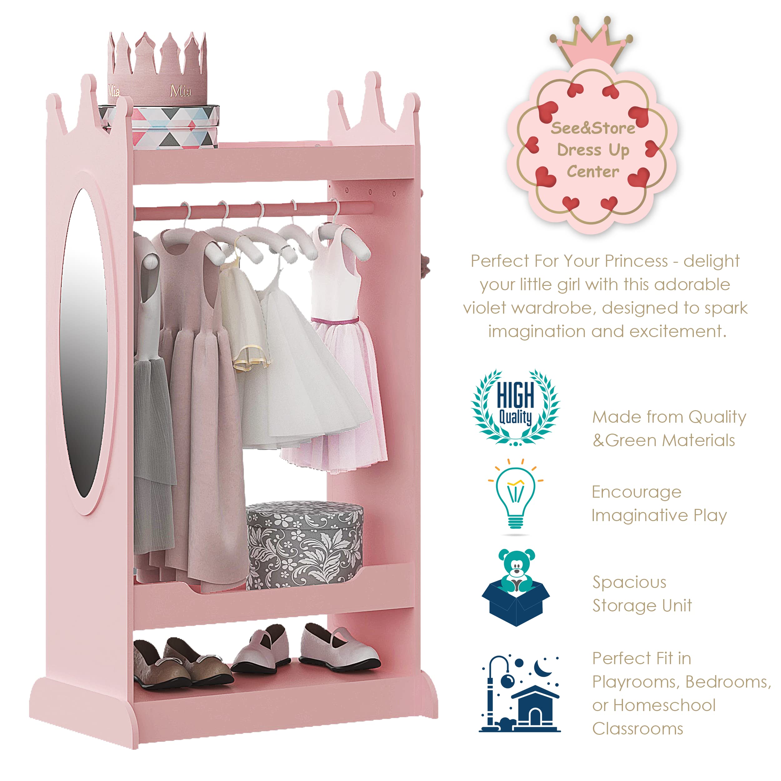 UTEX Kids Dress Up Storage with Mirror - Pink Costume Wardrobe & Hanging Armoire Closet for Girls | Pretend Play Storage Organizer for Dress-Up Clothes, Accessories & Toys | Perfect for Bedroom, Playroom & Nursery Organization