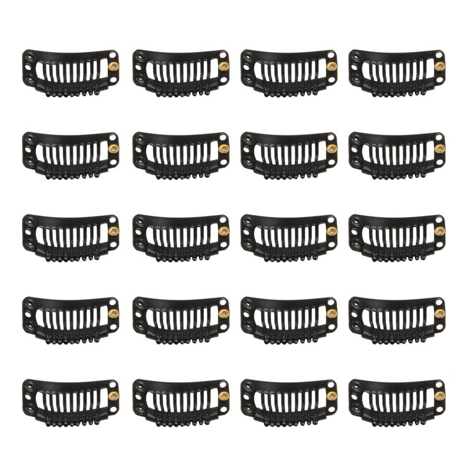 20pcs 9-Teeth Stainless Steel Snap Comb Wig Clips for Hair Extensions & Wigs - DIY Hairpiece Accessories (Black) - Perfect for Securing Weaves, Toupees & Cosplay Wigs