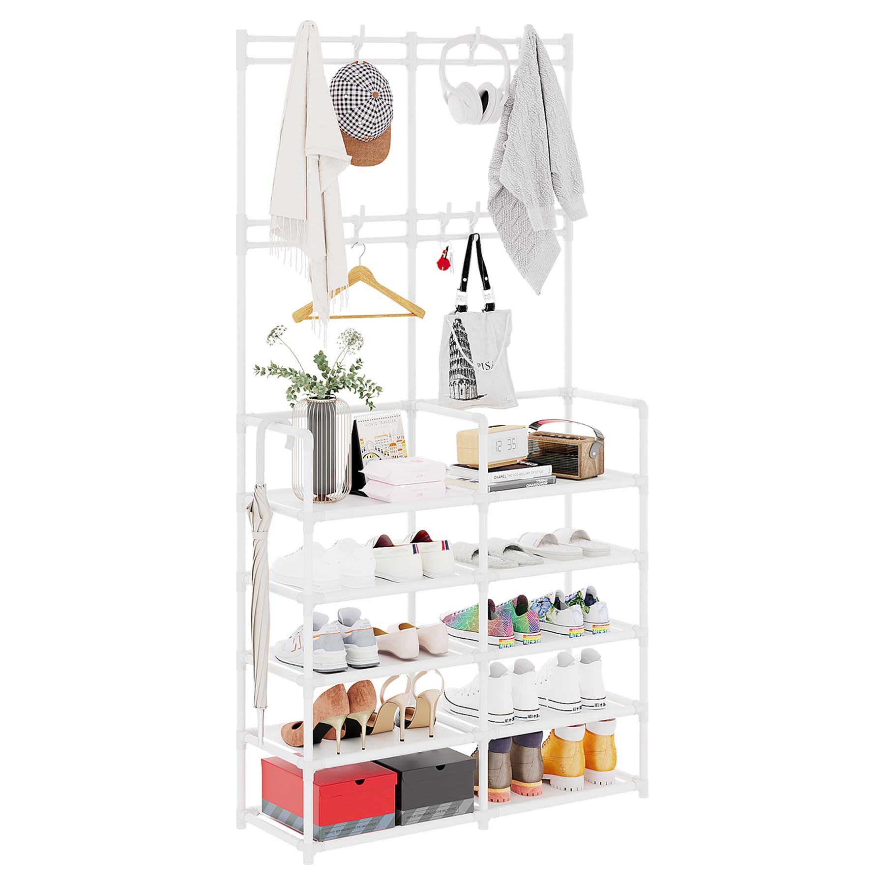 UDEAR 5-Tier Shoe Rack with Coat Hooks - Space Saving Entryway Organizer for Shoes, Jackets & Accessories - Sturdy Shoe Storage for Living Room, Bedroom, Office & Hallway - White (Perfect for Small Spaces & Apartment Entryways)
