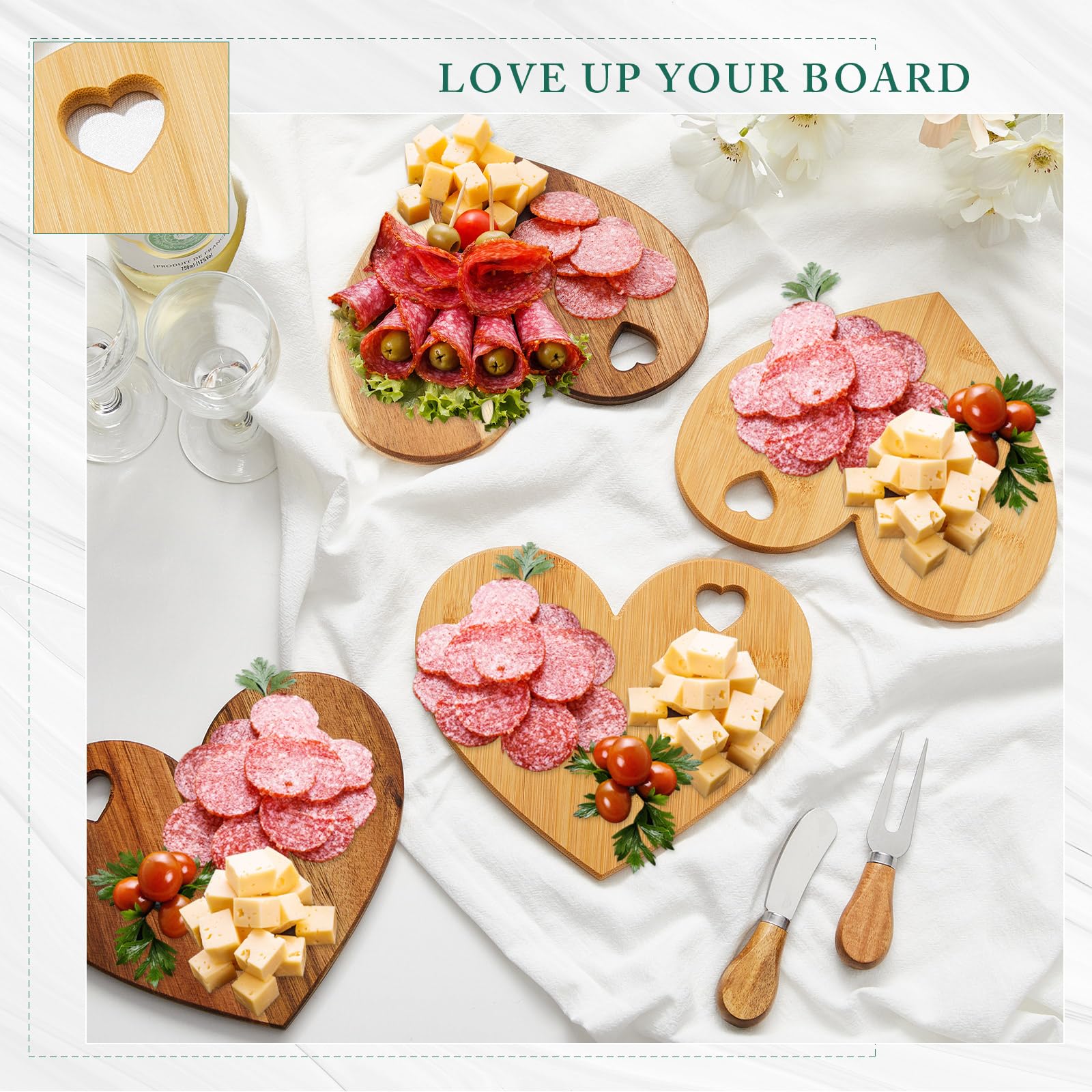 12-Piece Heart-Shaped Cheese Board Set with Wooden Knives - Mini Charcuterie Board for Bridal Shower Favors, Wedding Gifts, Baby Showers, Birthday & Valentine's Day - Bamboo Color - Perfect for Entertaining Guests at Parties & Special Events