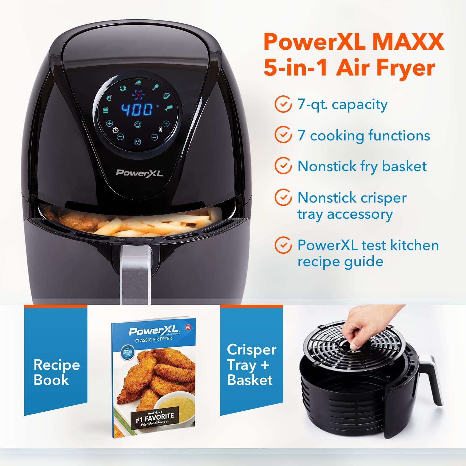 PowerXL Air Fryer 7 QT Maxx Classic - Extra Hot Air Fryer for Cooking, Crisping, Broiling, Roasting & Baking - High Gloss Black Finish (7 Quart) (HF-196DT) - Perfect for Healthy Family Meals & Quick Weeknight Dinners