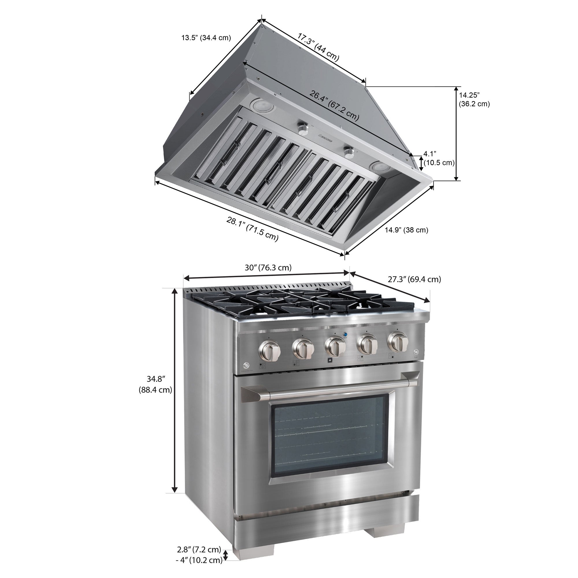 Ancona 2-Piece 30 Inch Gas Range with Convection Oven & 600 CFM Ducted Range Hood - Professional Kitchen Appliance Set for Home Chefs & Cooking Enthusiasts