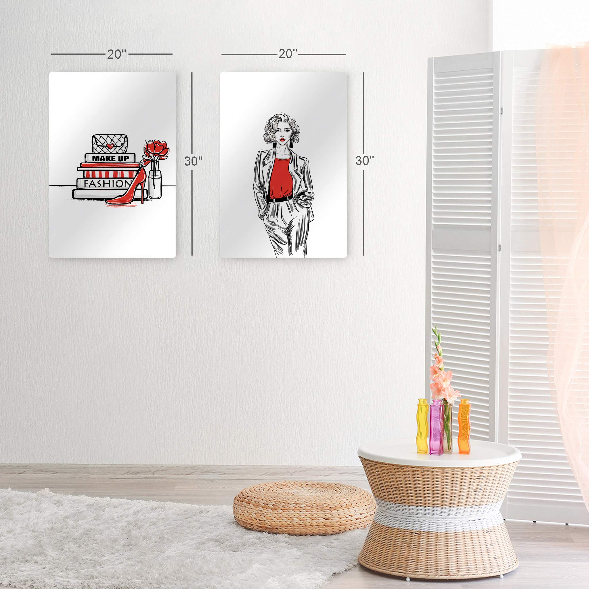 Stylish Red, Black & White Fashion Metal Wall Art Print Set - 2 Panels (30x20 inches) for Office, Bathroom, Dorm, Bedroom & Living Room Decor | Perfect for Women's Spaces, Book Lovers & Shoe Enthusiasts | Ideal Gift for Fashionistas & Home Decor Enthusiasts