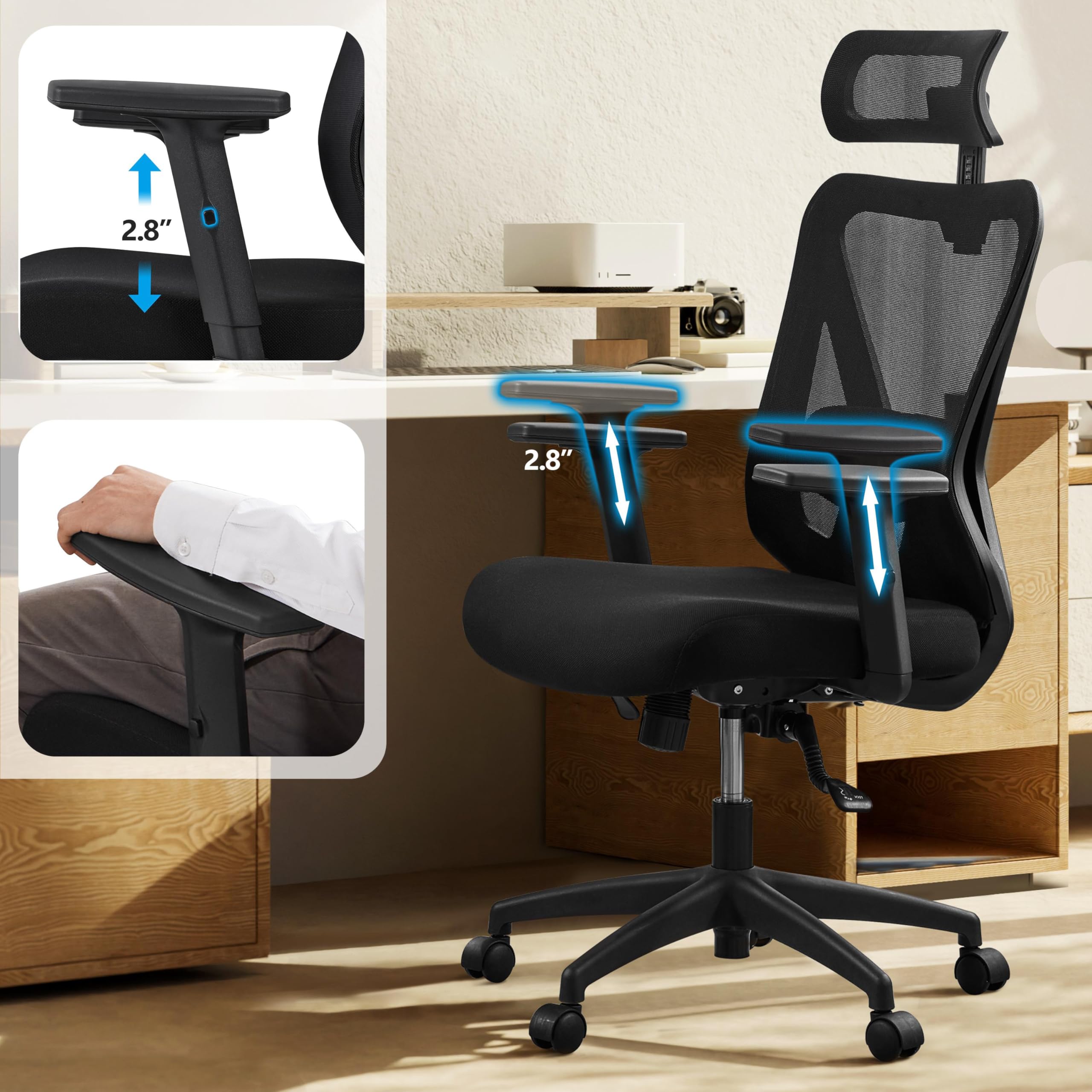 Yaheetech Ergonomic Office Chair - High Back Mesh Computer Chair with Adjustable Lumbar Support, Armrests & Headrest - Black - Perfect for Home Office, Gaming & Study Workspaces