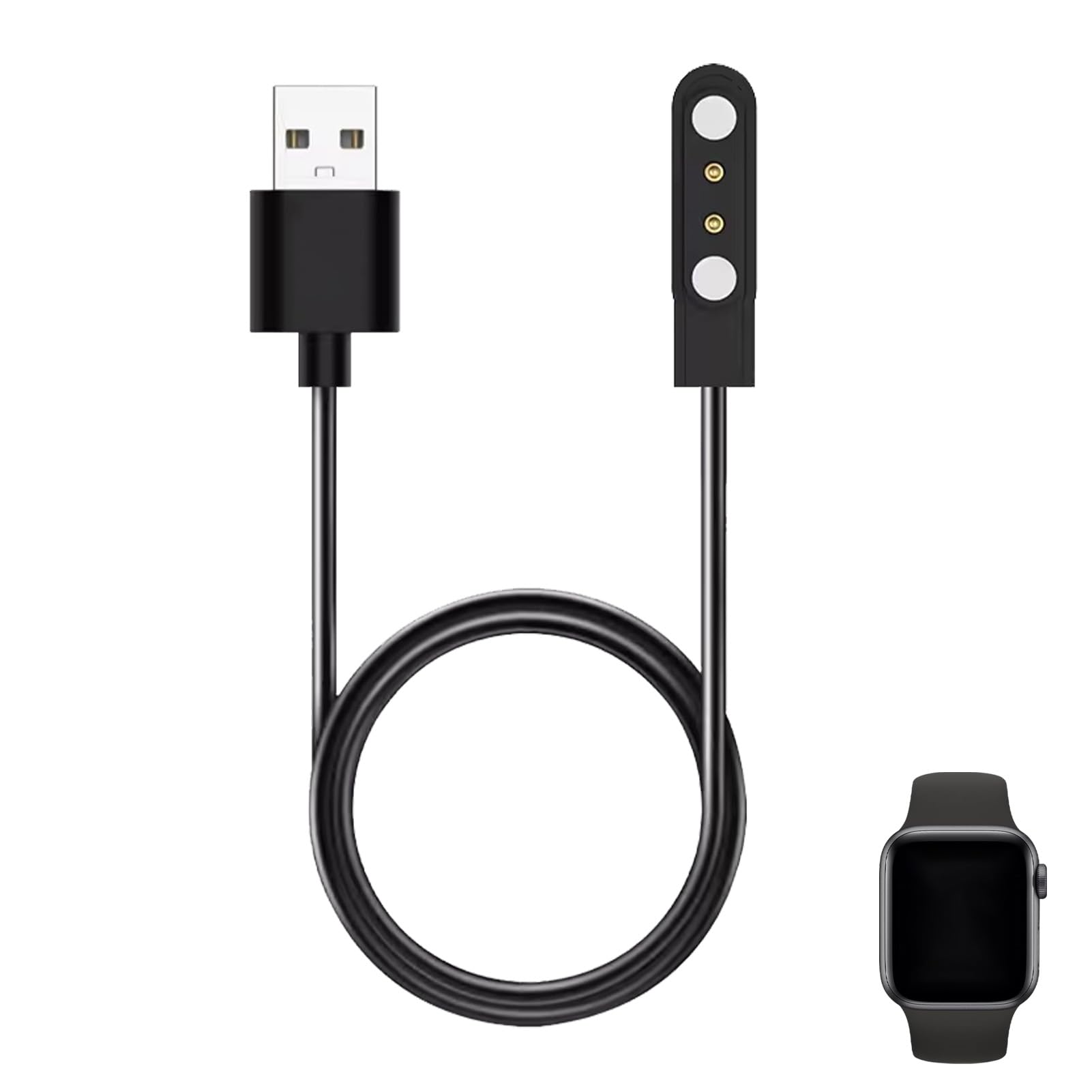 Hukneqn Smart Watch Charger - 2 Pin 4mm Magnetic USB Charging Cable for YAMAY SW022/Ticwatch GTX/Haylou RT LS05S/AGPTEK LW11 | Portable Black Watch Charger with Safety Features | Perfect for Travel, Gym & Daily Use