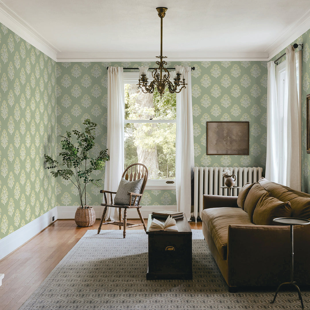 Authentic Grasscloth Wallpaper with Block Floral Print - Premium Peel & Stick Wall Covering for Living Room, Bedroom, and Home Decor
