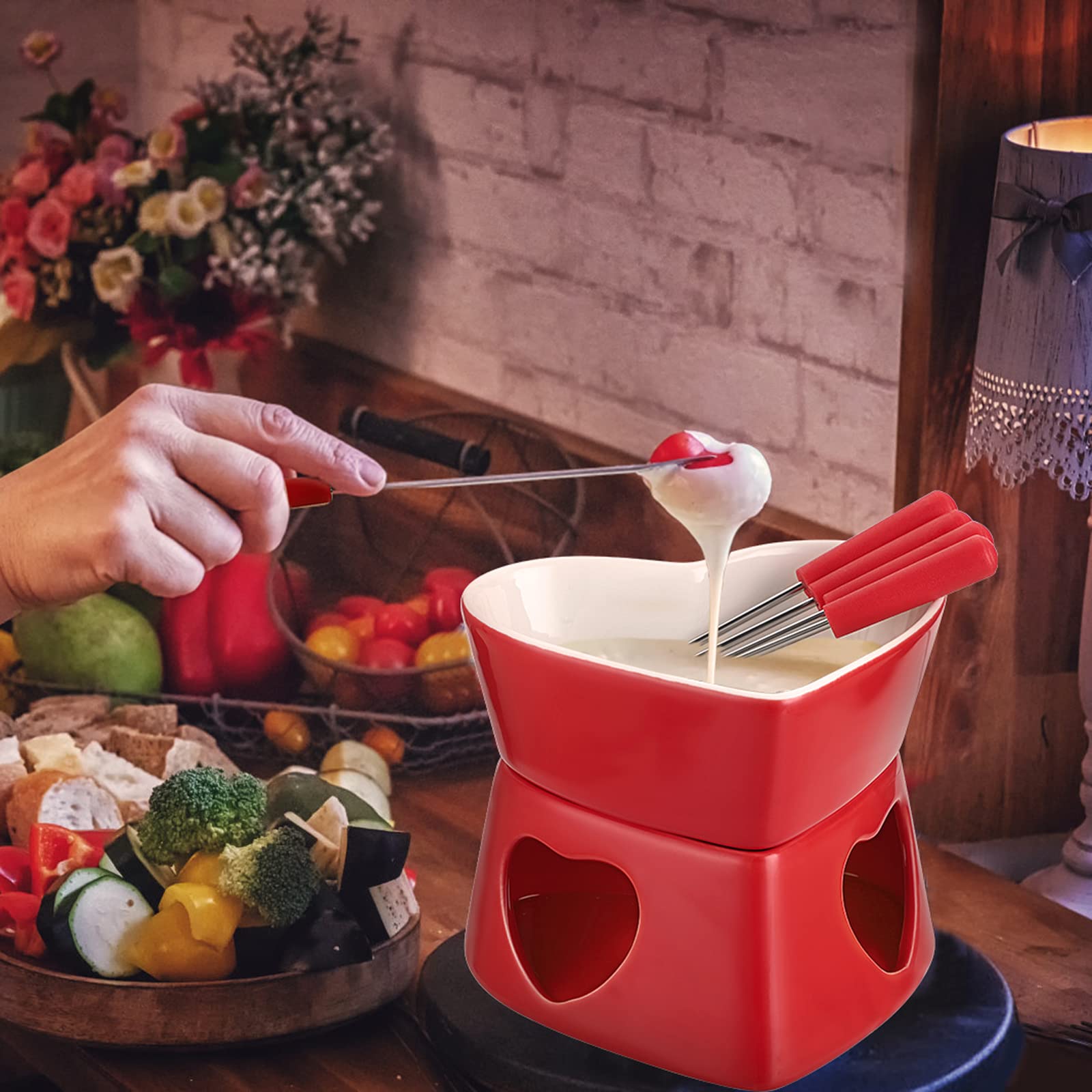 Red Ceramic Butter Warmer Set - Heart Shaped Fondue Pot for Melting Cheese, Chocolate, Butter & Caramel - Includes 4 Forks - Perfect for Romantic Dinners, Parties & Family Gatherings