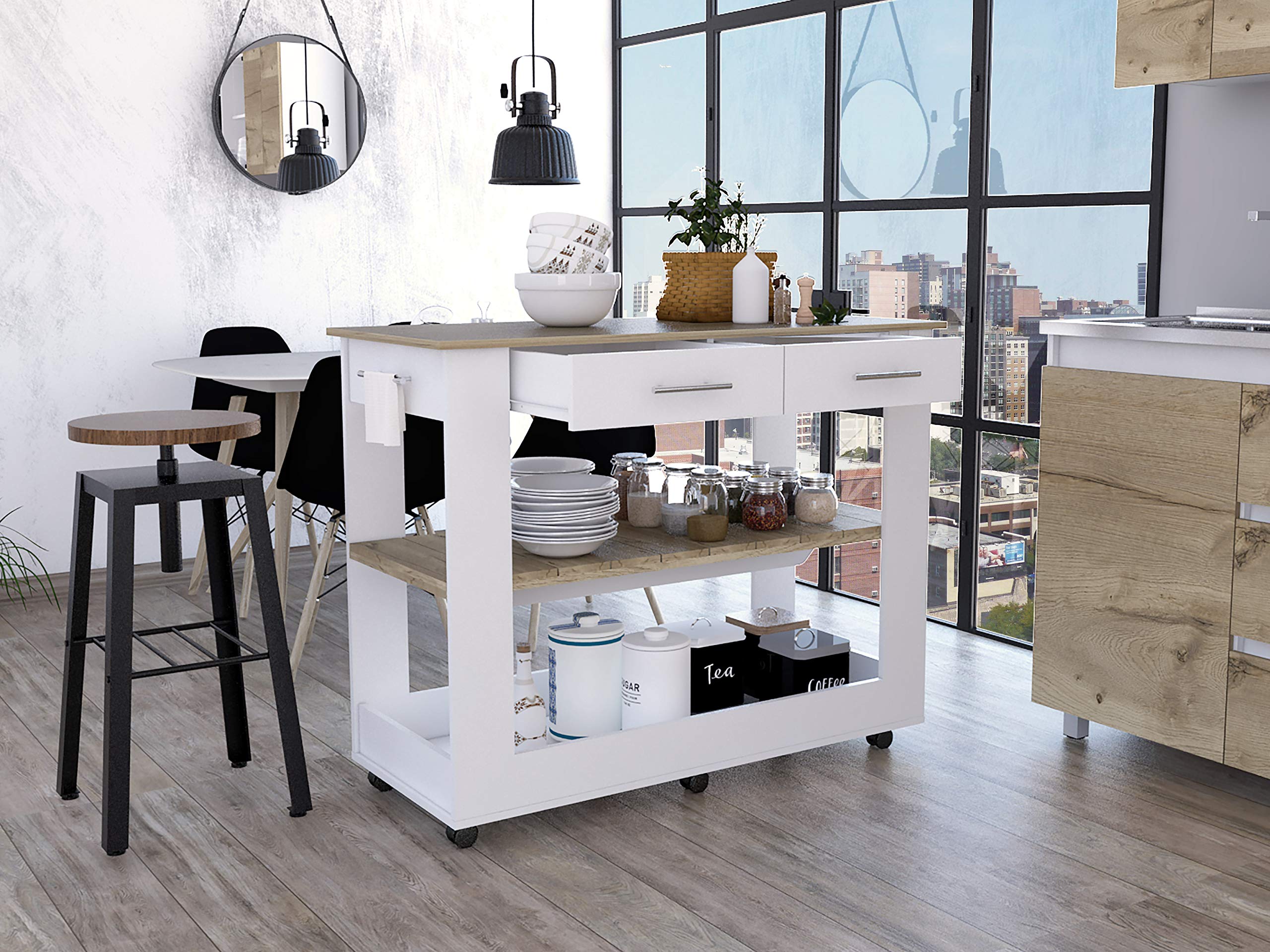 80-Inch Light Oak Kitchen Island with Shelves & Drawers - Rustic Brooklyn Style for Modern Farmhouse, Open Concept & Small Space Kitchens