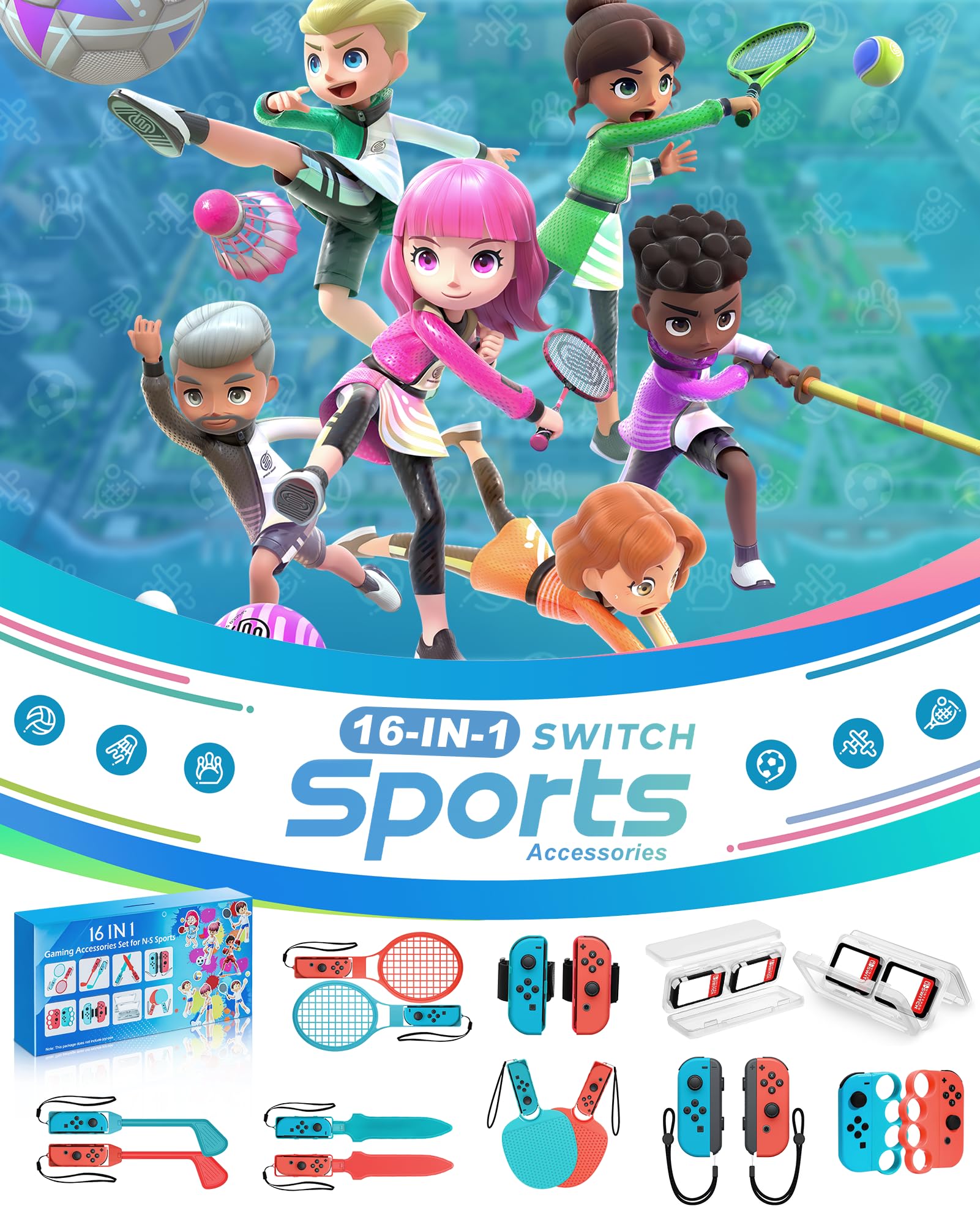 16-in-1 Nintendo Switch Sports Accessories Bundle Kit - Multiplayer Family Party Game Set for Switch/OLED - Perfect for Kids & Adults Indoor/Outdoor Sports Games