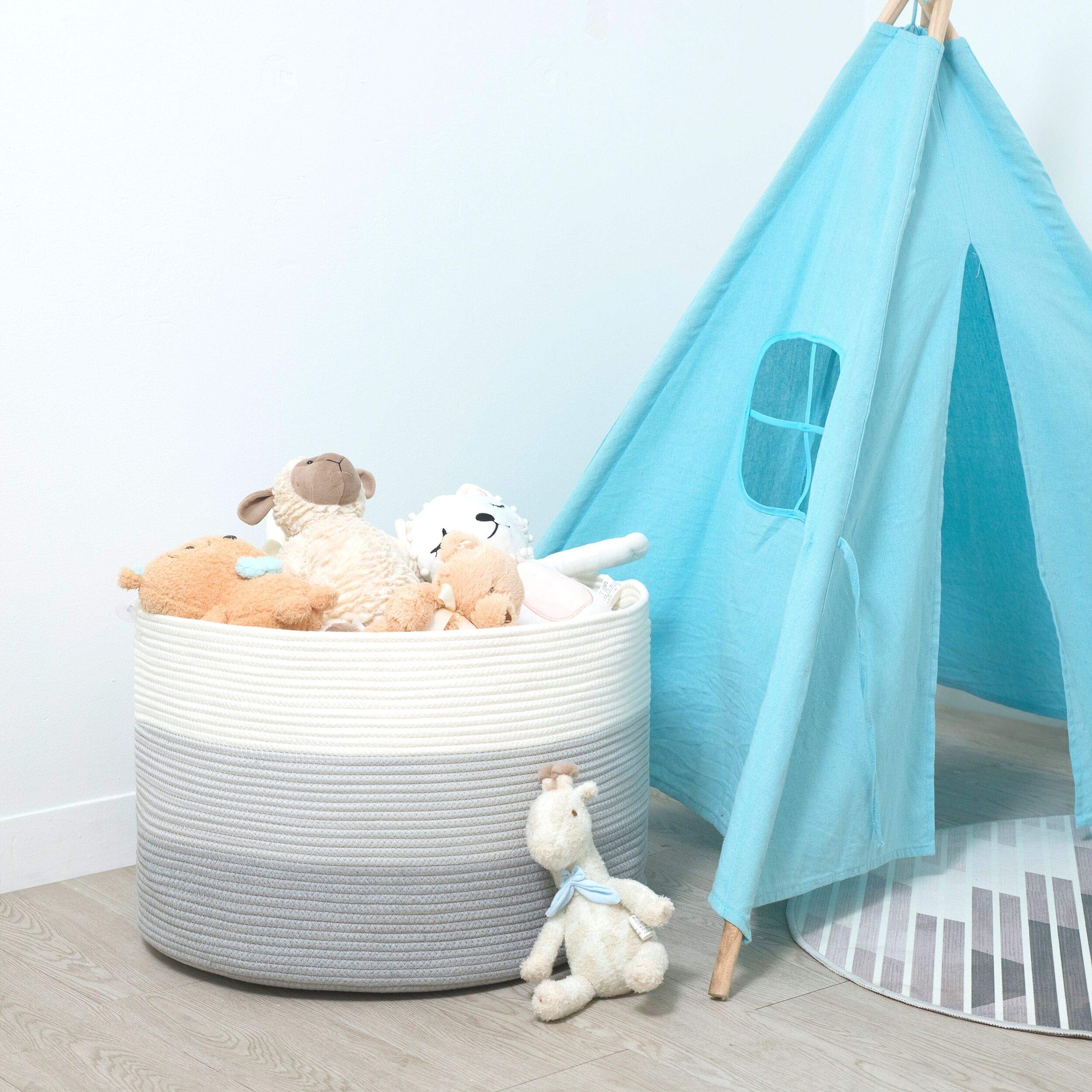 MINTWOOD Extra Large 22x14 Inch Woven Cotton Rope Storage Basket - Light Gray 3-Tone Decorative Bin for Laundry, Blankets, Towels & Dog Toys | Perfect for Bedroom, Bathroom & Nursery Organization