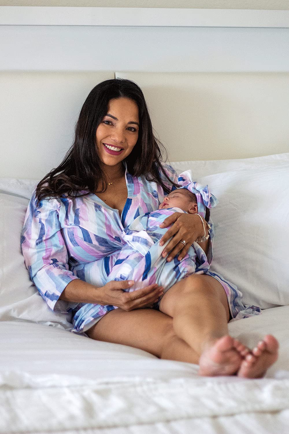 MOMMY O CLOCK Maternity Robe & Baby Swaddle Blanket Set - Soft Milk Silk Nursing Robe for Mom & Swaddling Wrap for Newborn - Perfect for Hospital Delivery, Breastfeeding & Baby Bonding Time