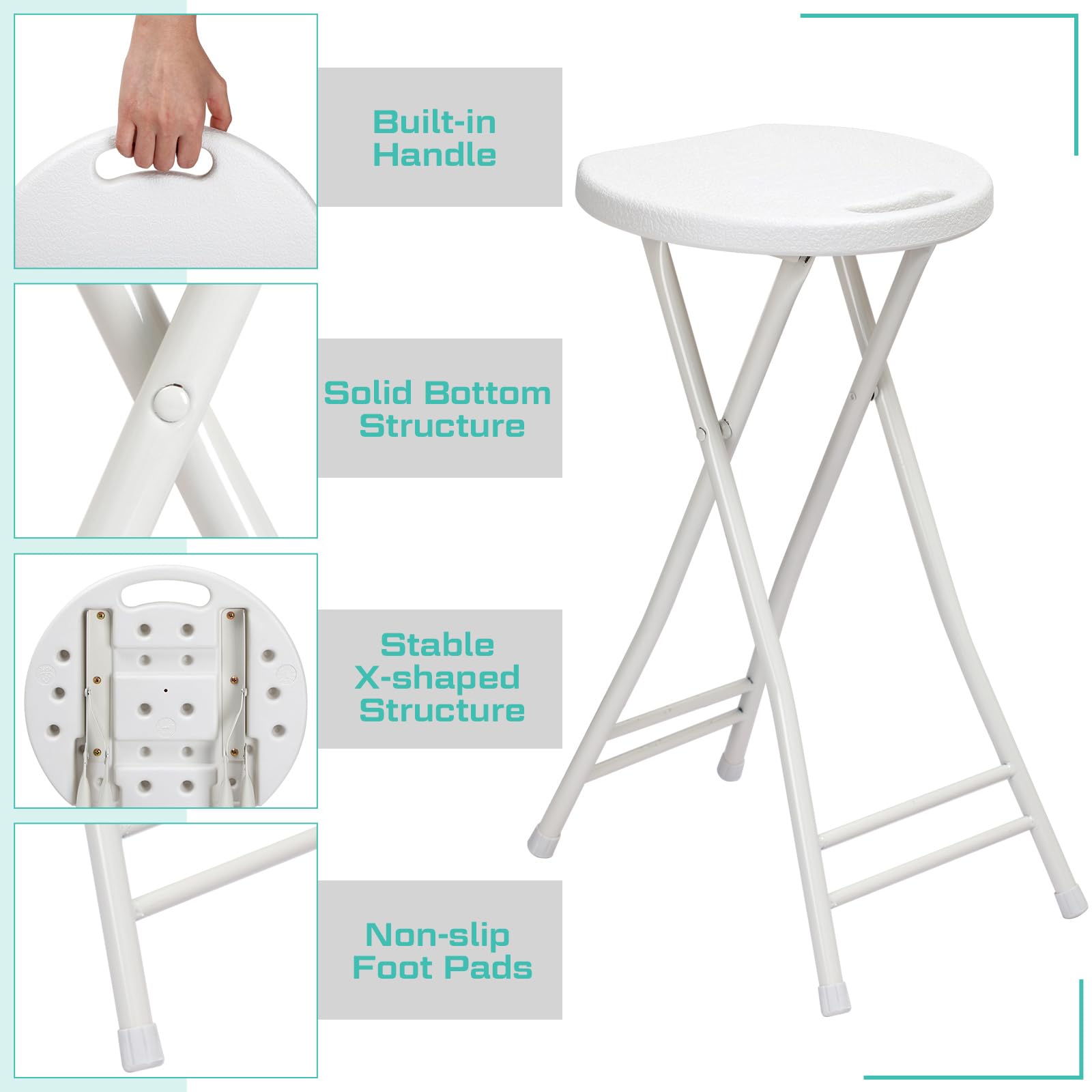 Suzile 2 Pack 24 Inch Folding Stool Chairs - Heavy Duty Portable Plastic Bar Stools with Handle for Adults, 300lbs Capacity - Perfect for Kitchen Counter, Home, Camping, Indoor & Outdoor Use (White)
