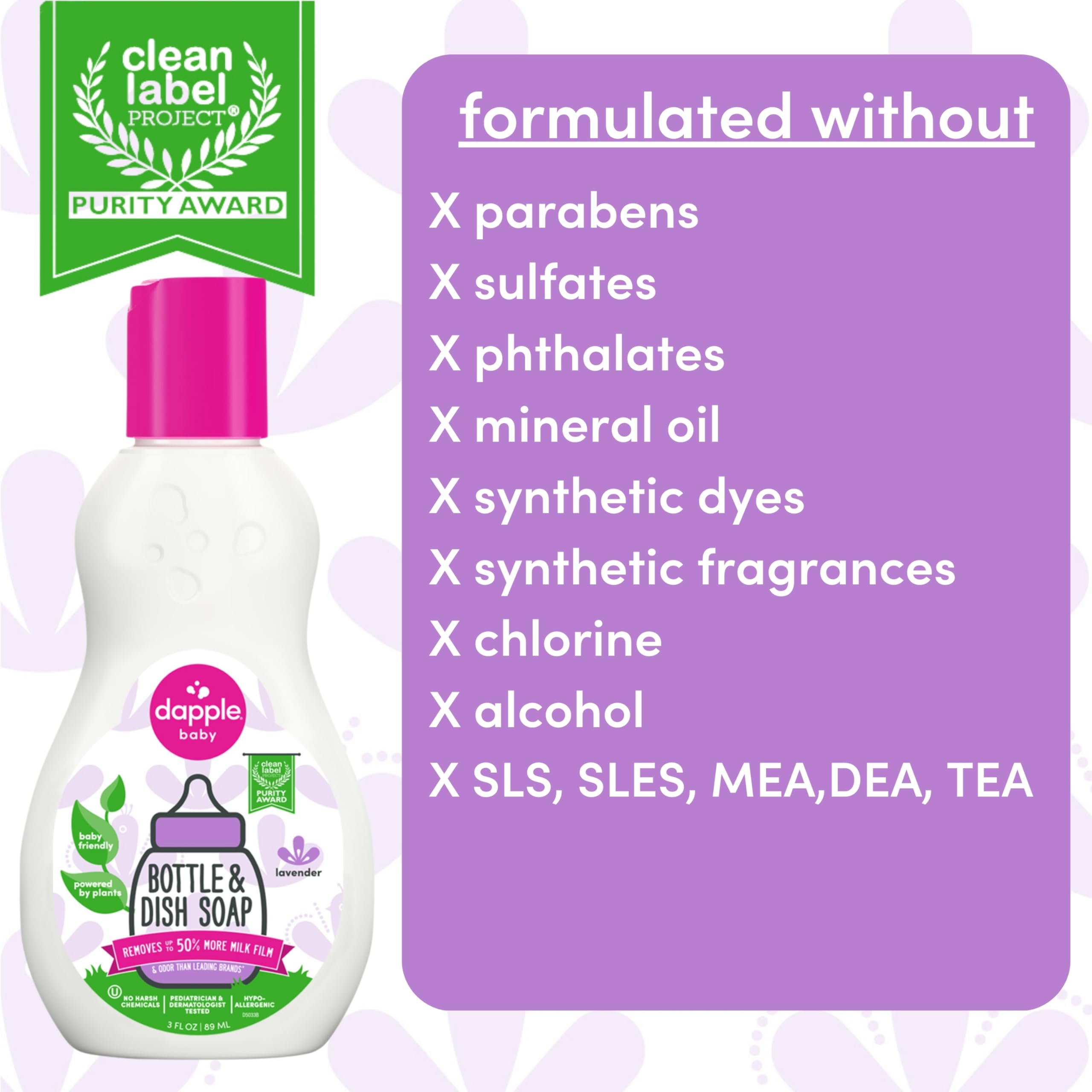 **Dapple Baby Bottle Soap - Plant-Powered, Hypoallergenic Dish Soap for Baby Bottles & Pacifiers - Travel Size (3 Fl Oz, Lavender Scent) - Safe for Newborns & Perfect for On-the-Go Cleaning**