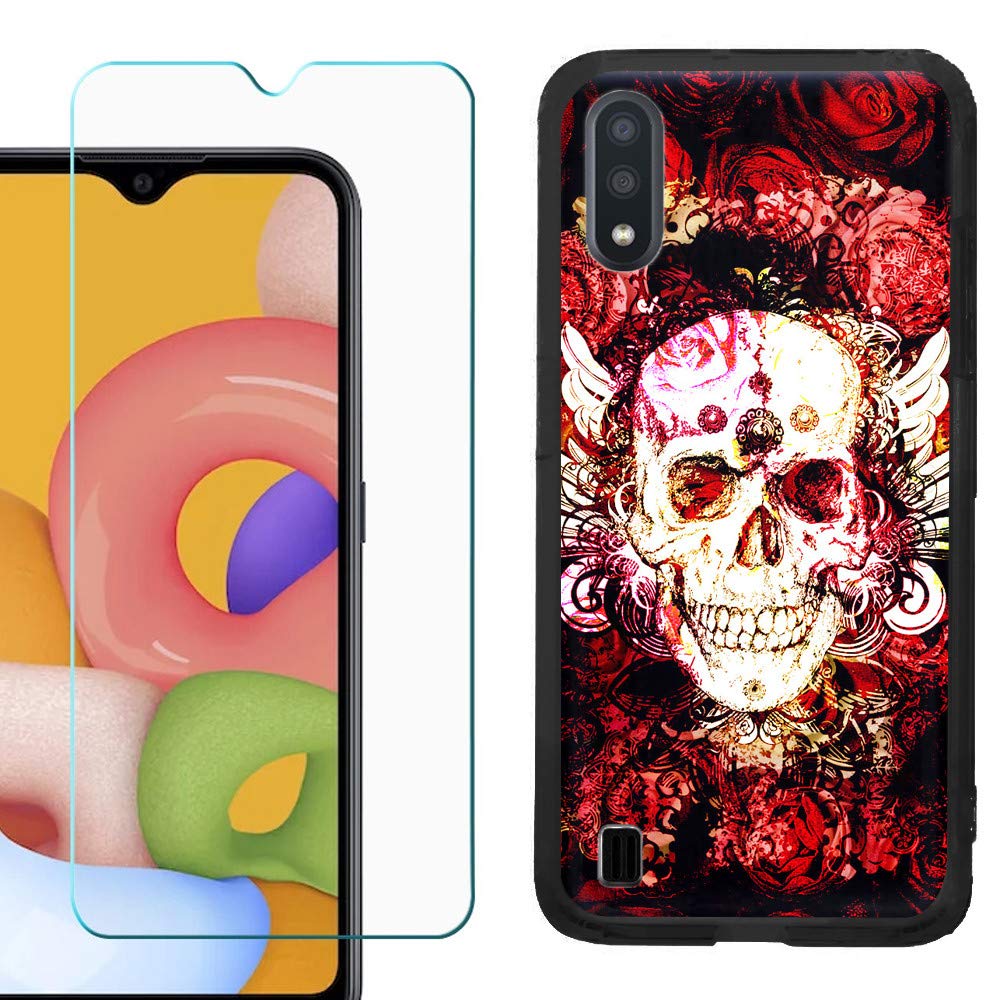 OneToughShield Slim-Fit TPU Phone Case for Samsung Galaxy A01 - Black with Tempered Glass Screen Protector (Rose Skull Design) | Durable Protection for Everyday Use & Outdoor Activities
