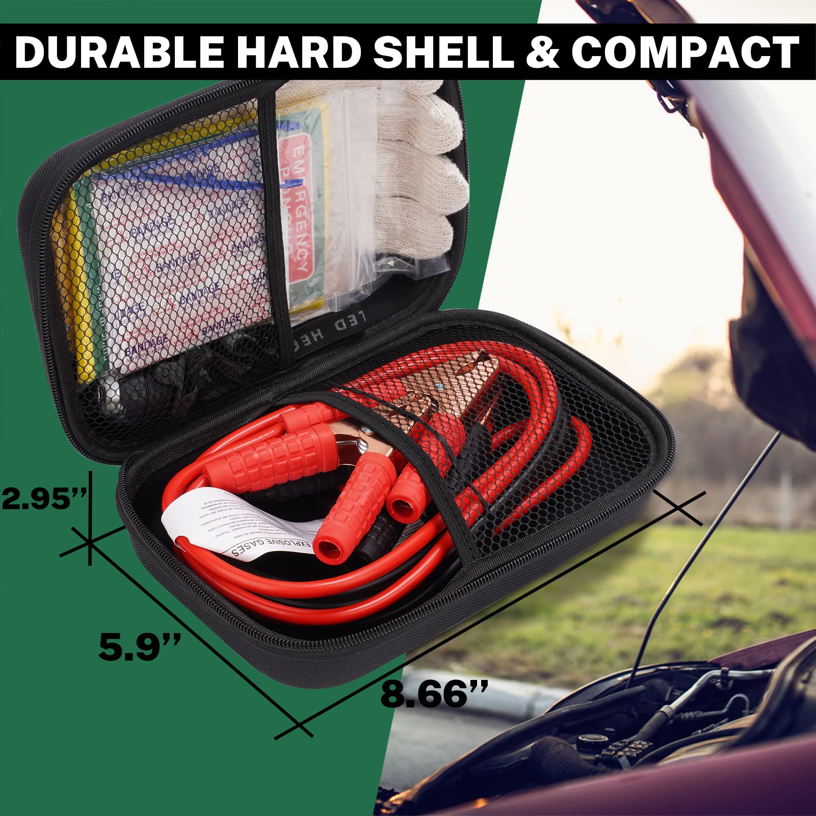 Premium Car Emergency Kit with Heavy-Duty Battery Jumper Cables - 120-Piece Roadside Safety Kit for Cars, Trucks & SUVs - Essential Automotive Accessories for Men & Women - Perfect Gift for Drivers & Travel Enthusiasts - Ideal for Road Trips, Commuting & Winter Driving Preparedness