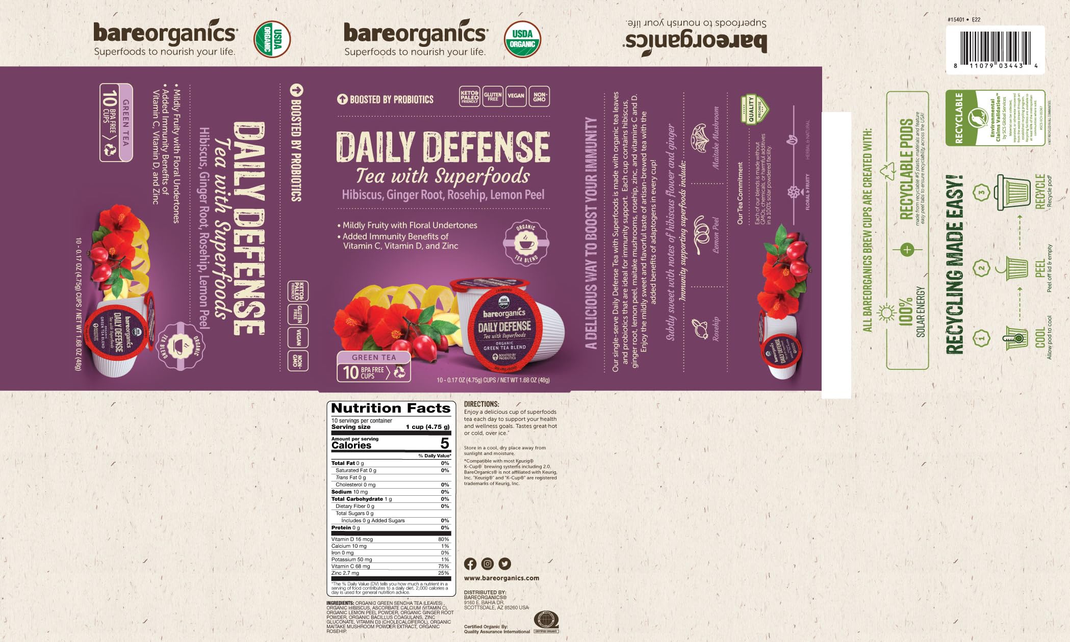 BareOrganics Daily Defense Tea - Organic Superfood & Probiotic Blend, 10 Individually Wrapped Tea Bags | Immune Support & Wellness Boost for Busy Lifestyles