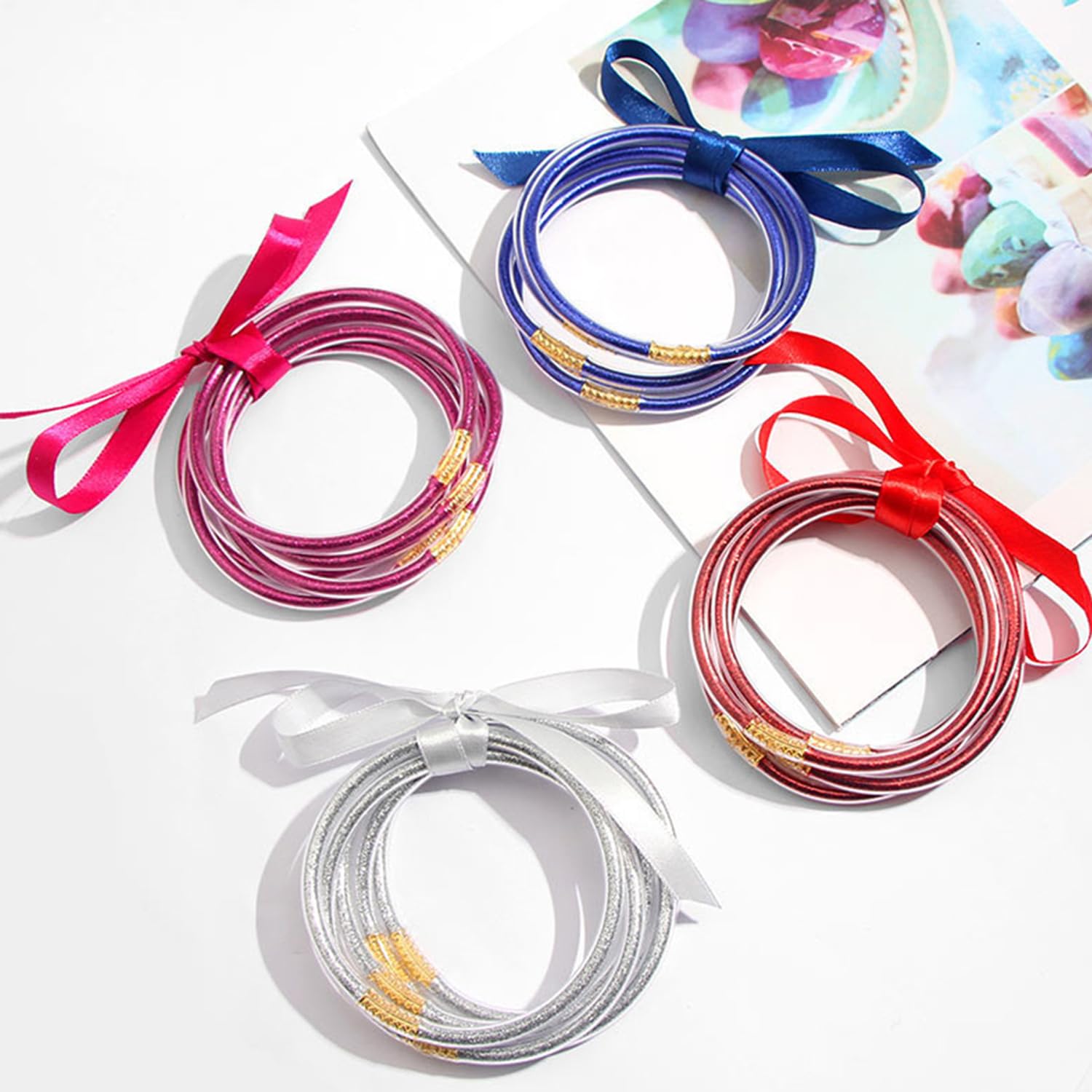 ATIMIGO Bowknot Jelly Bangle Bracelets Set - Lightweight Cute Glitter Filled Stackable Silicone Bracelets for Women & Girls - Perfect for Parties, Gifts, and Everyday Wear