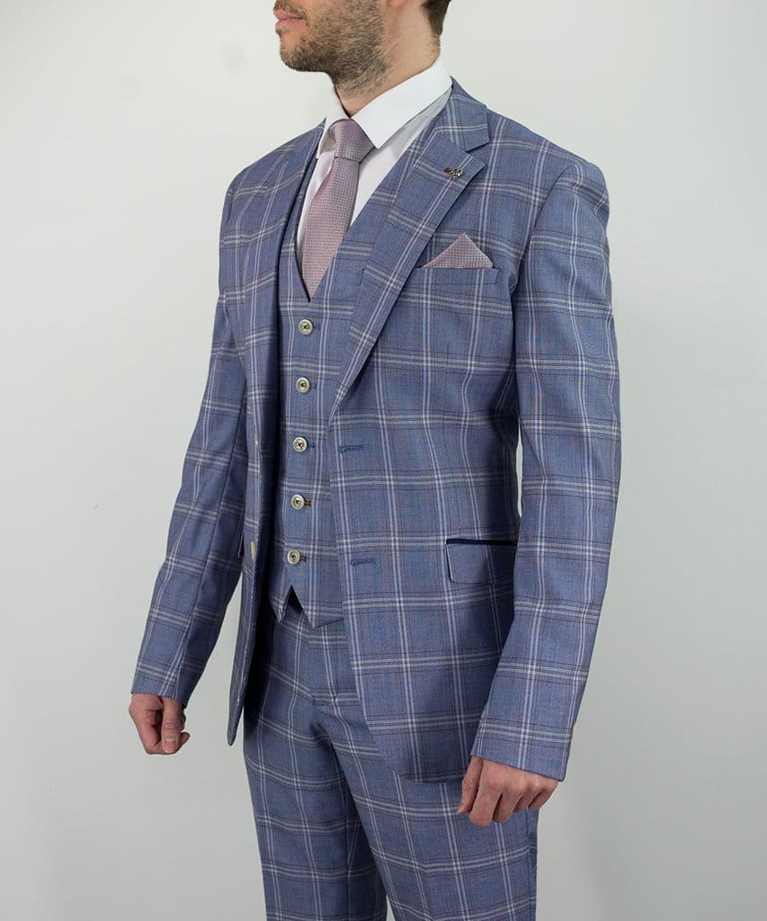 Cavani Galante Men's Blue Check Slim Fit Prom Suit - Formal Wedding, Dinner Party & Special Occasion Outfit