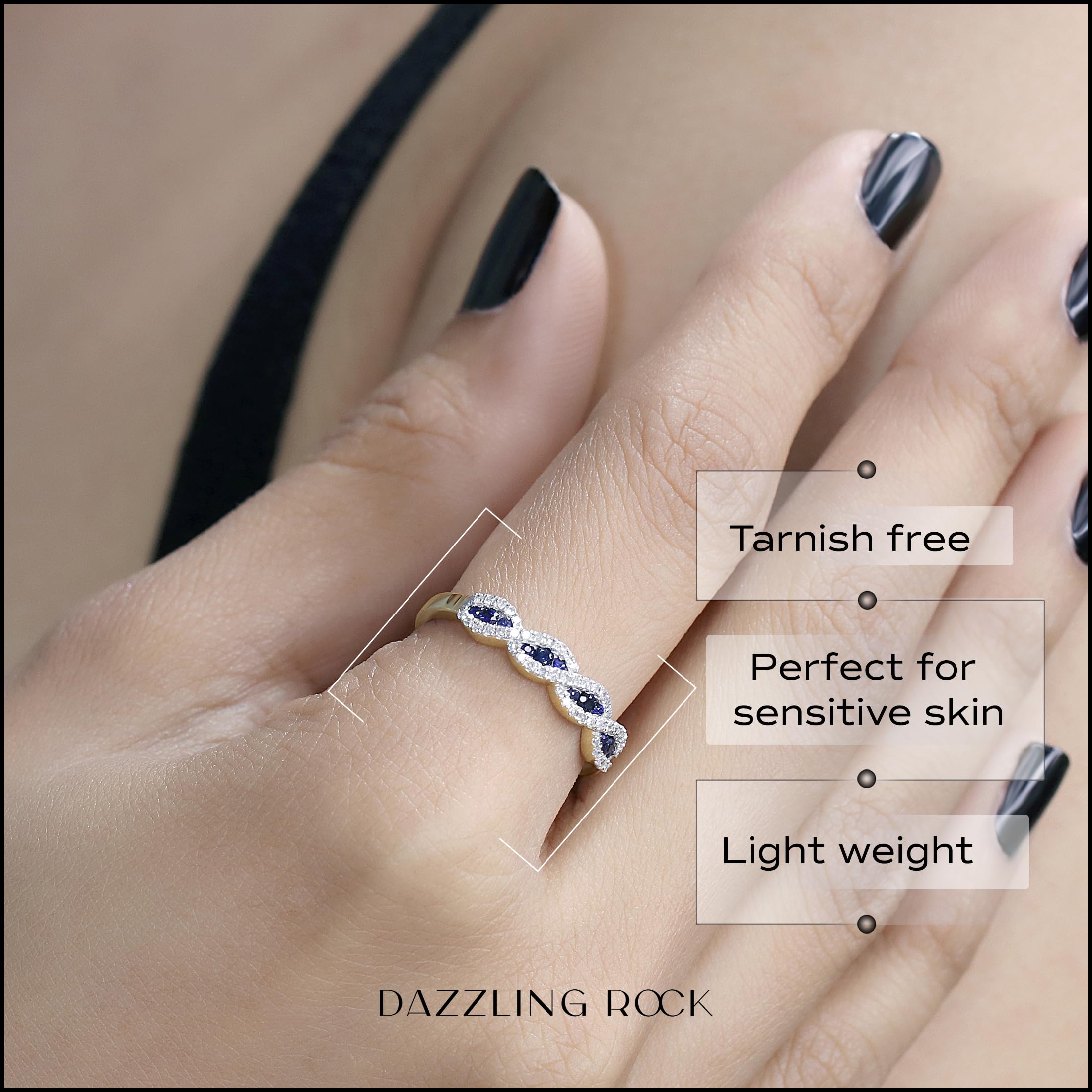 Exquisite Round Blue Sapphire & White Diamond Swirl Stackable Ring for Women - 14K Solid Gold Anniversary Band, Wedding Gift, Valentine's Day Jewelry | Perfect for Stacking, Everyday Wear & Special Occasions