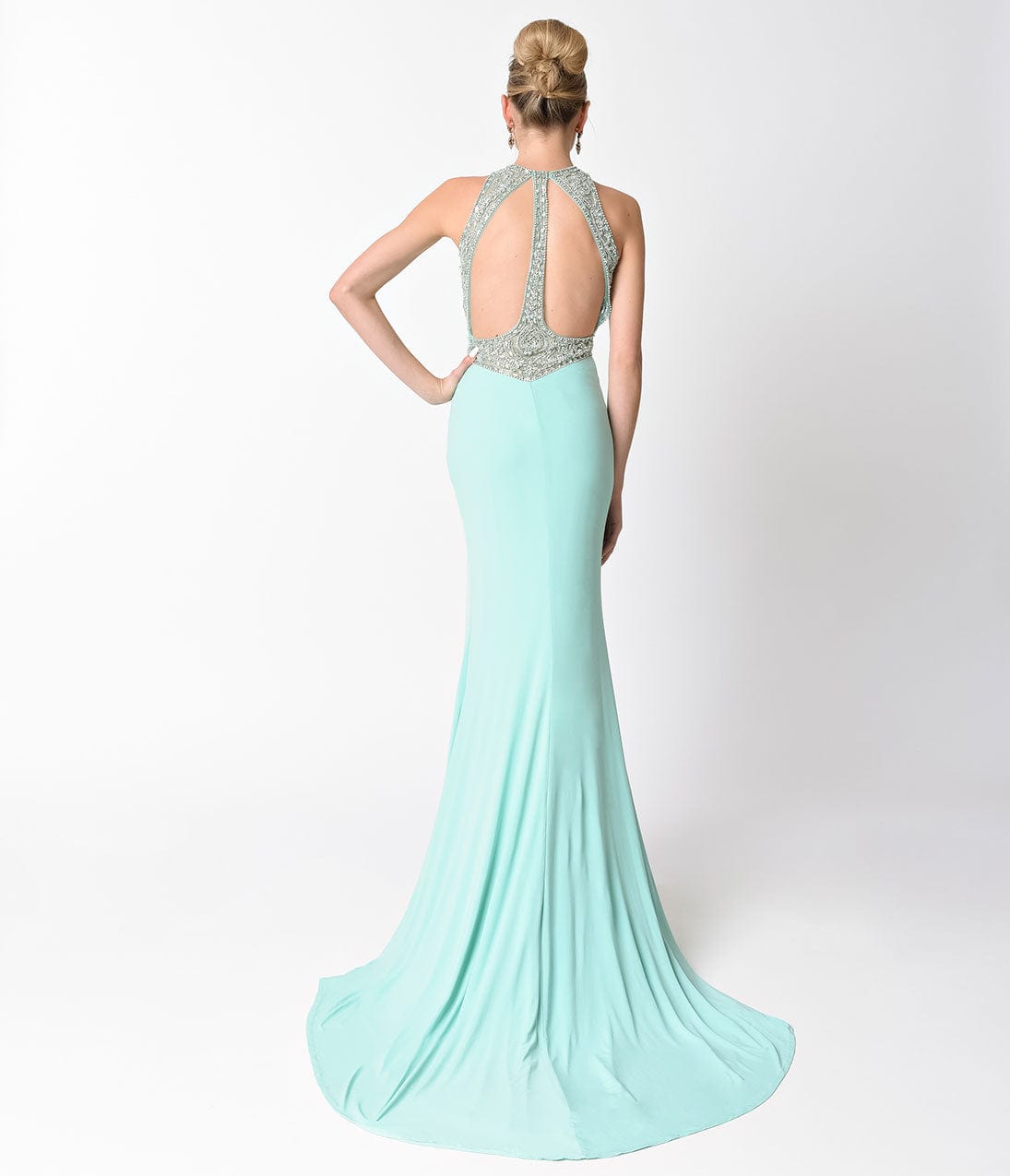 Elegant Mint Blue Fitted Jeweled Split Long Dress for Evening Gala, Prom Night & Special Occasions | Formal Party Gown with Rhinestone Details