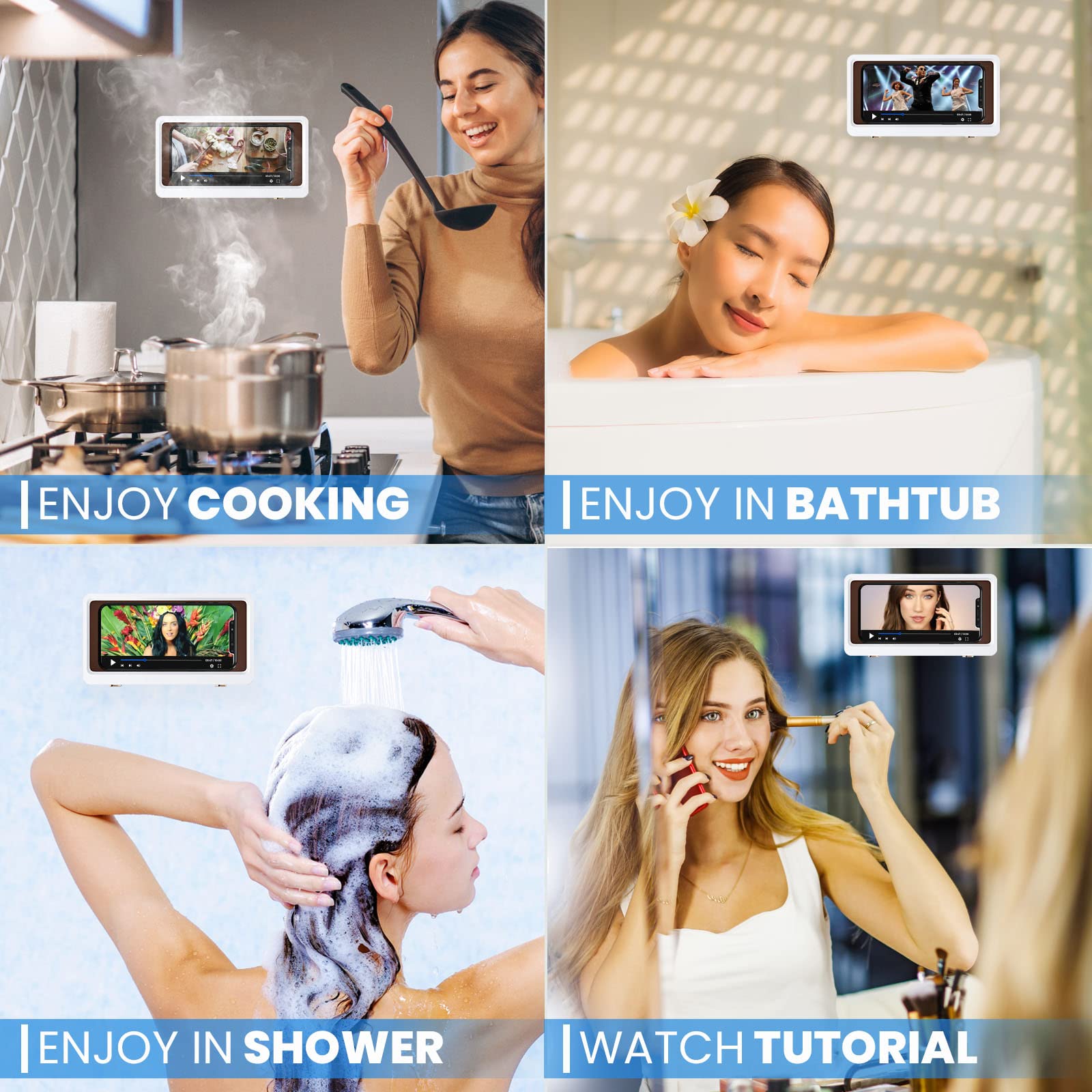 Waterproof Phone Holder Wall Mount - Universal Bathroom & Shower Phone Stand with Strong Adhesive, White - Perfect for Hands-Free Use in Bathroom, Kitchen, or Car