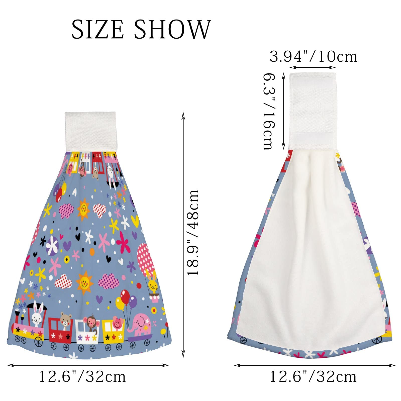 Kids Cartoon Animal Train Hanging Hand Towels Set of 2 - Super Absorbent Soft Bathroom Kitchen Towels with Loops, Machine Washable - Perfect for Kids' Bathrooms, Kitchens & Playrooms