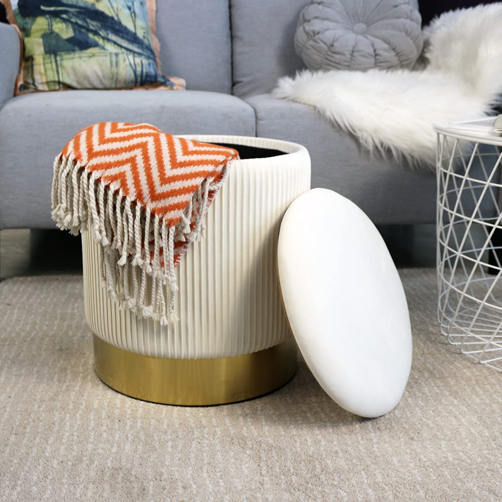 Round Velvet Storage Ottoman Set of 2 - White Upholstered Footrest Pouf with Hidden Storage for Living Room, Bedroom & Dorm - Perfect for Extra Seating, Footrest & Home Organization