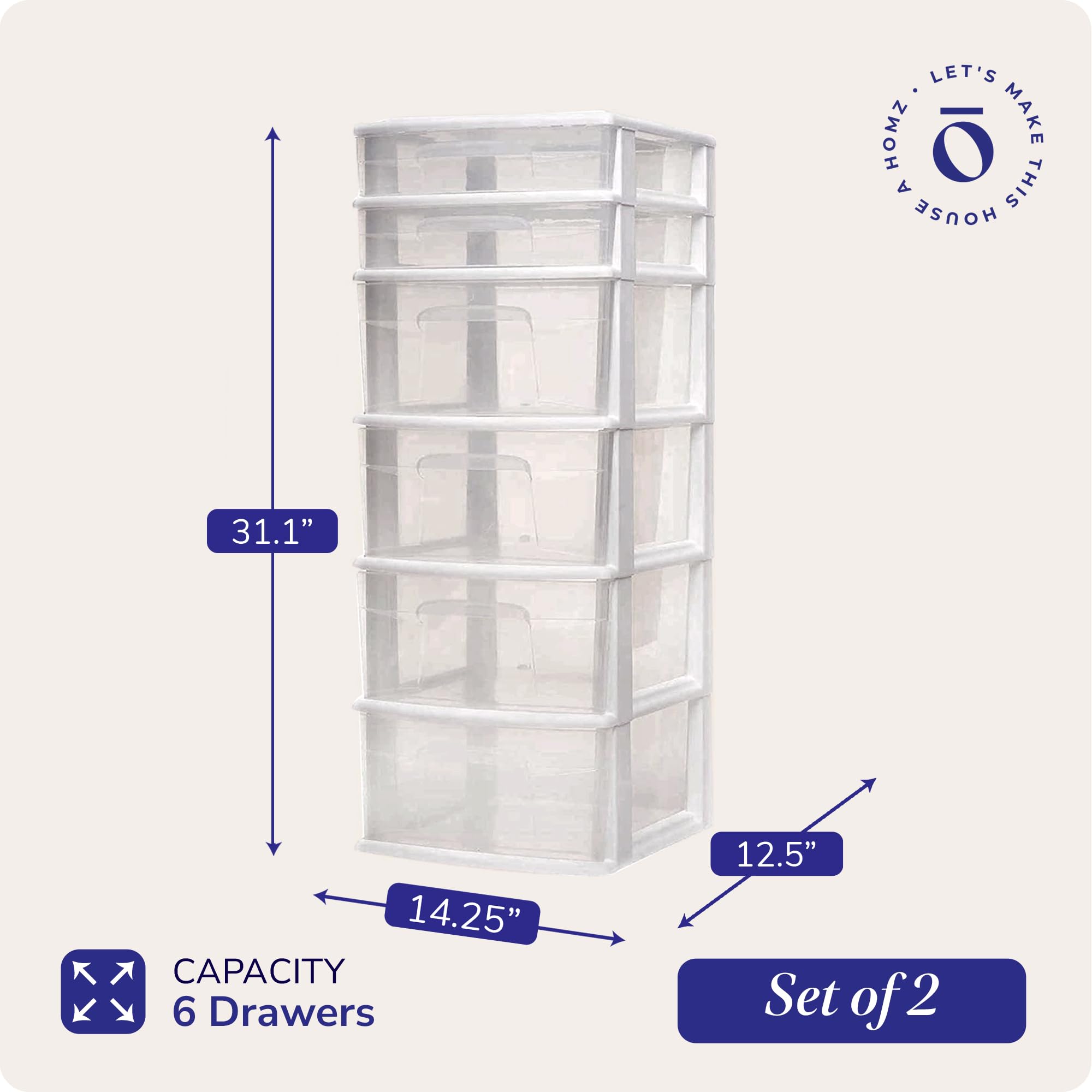 HOMZ 2-Pack 6-Tier Clear Plastic Storage Drawer Tower Organizer with White Frame - Perfect for Bedroom Closet, Bathroom, Office & Craft Room Organization
