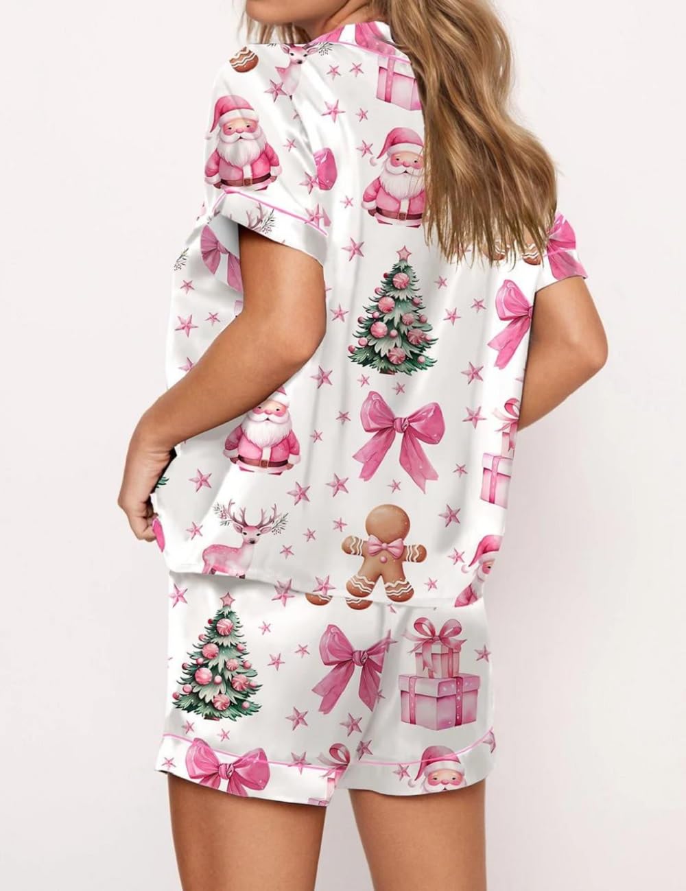 Juakoso Women's Christmas Pajama Set - Trendy Print Button Down Lounge Wear - Silk Satin 2 Piece Sleepwear - Y2K Style Pajamas for Holiday Parties & Cozy Nights