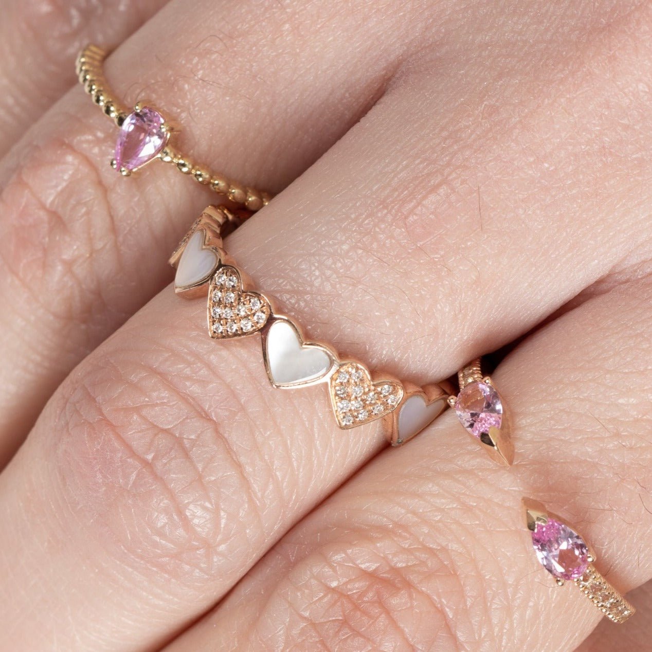 14k Rose Gold Diamond and Mother of Pearl Heart Eternity Band Ring - Romantic Wedding, Anniversary, or Valentine's Day Gift for Her