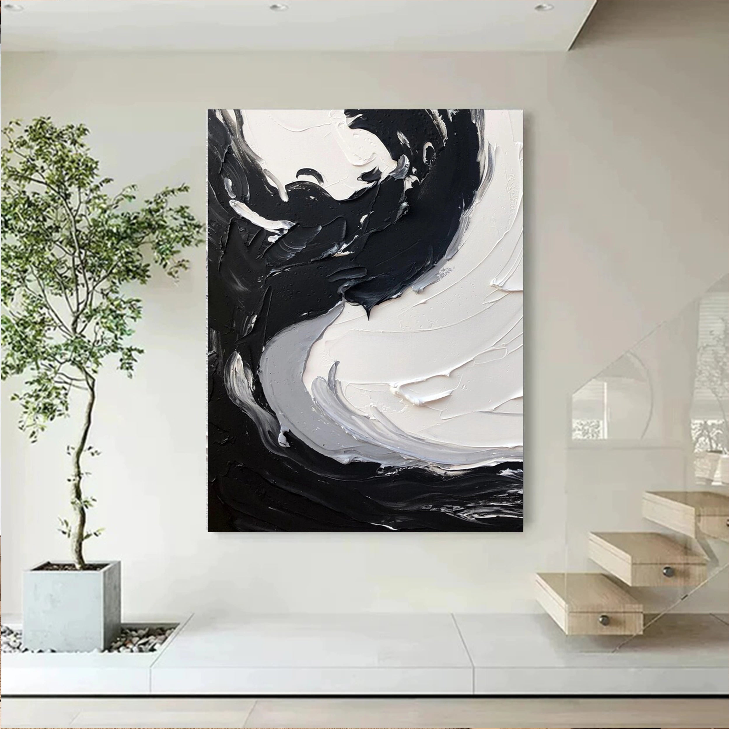 Black and White Textured Minimalist Wall Art Print #MZ068 - Modern Abstract Canvas Painting for Living Room, Bedroom & Office Decor
