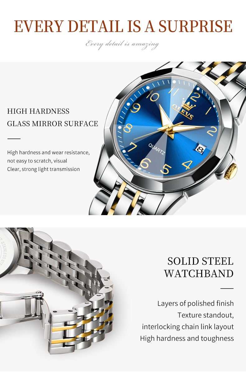 OLEVS Women's Classic Dress Watch - Analog Quartz Stainless Steel Waterproof Wristwatch with Luminous Hands, Day/Date Display, Two-Tone Design | Perfect for Office, Formal Events & Everyday Wear