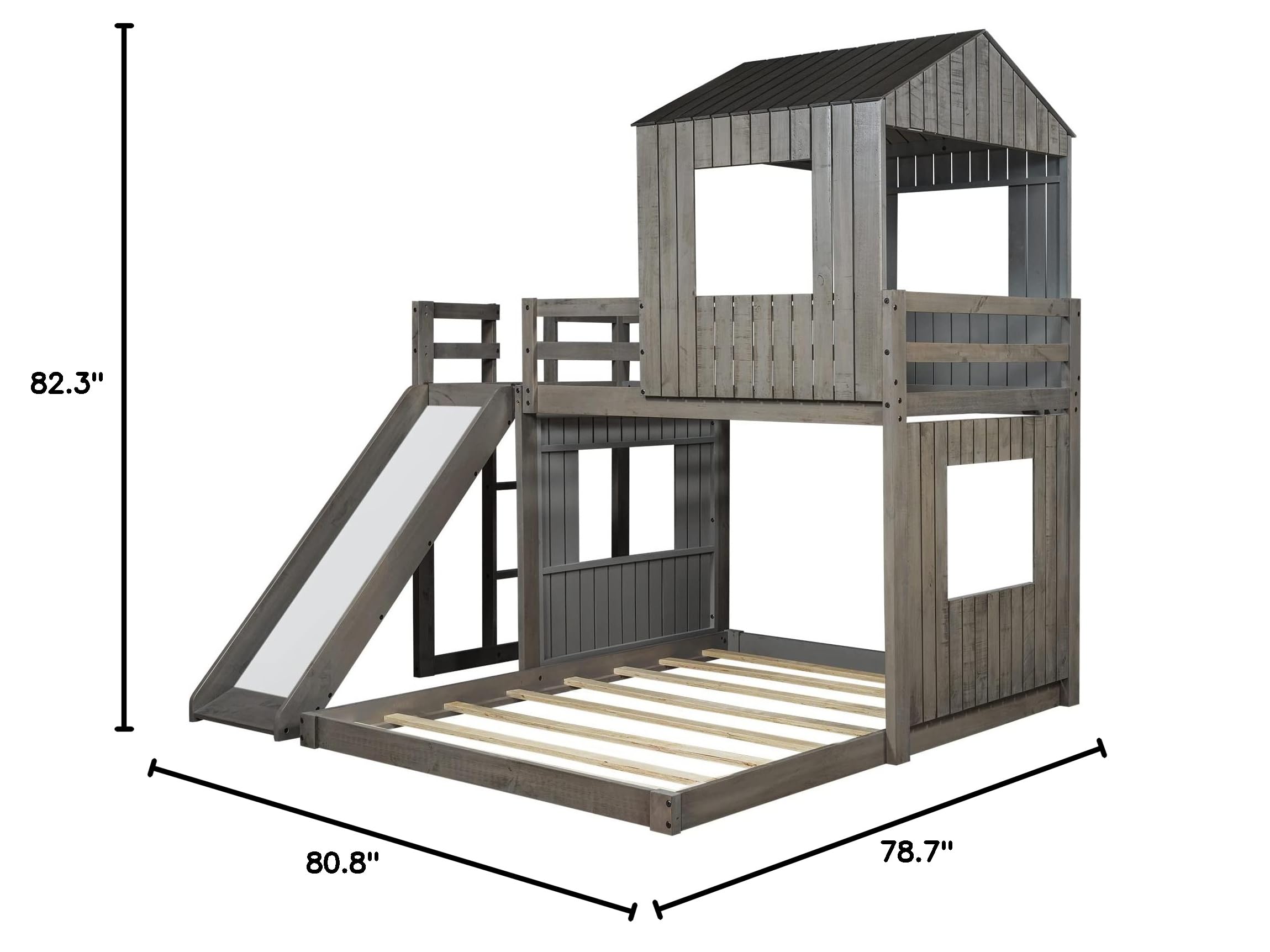 Twin Over Full Bunk Bed with Slide - House Shaped Kids Bunk Bed Frame with Safety Guardrails & Ladder - Antique Gray - Perfect for Teens, Boys & Girls Bedrooms, Dorms or Vacation Homes