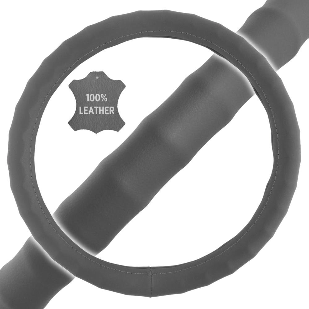 Motor Trend Ergonomic Grip Steering Wheel Cover - Genuine Leather (Gray) for Small Cars, SUVs & Boats (13.5-14.5