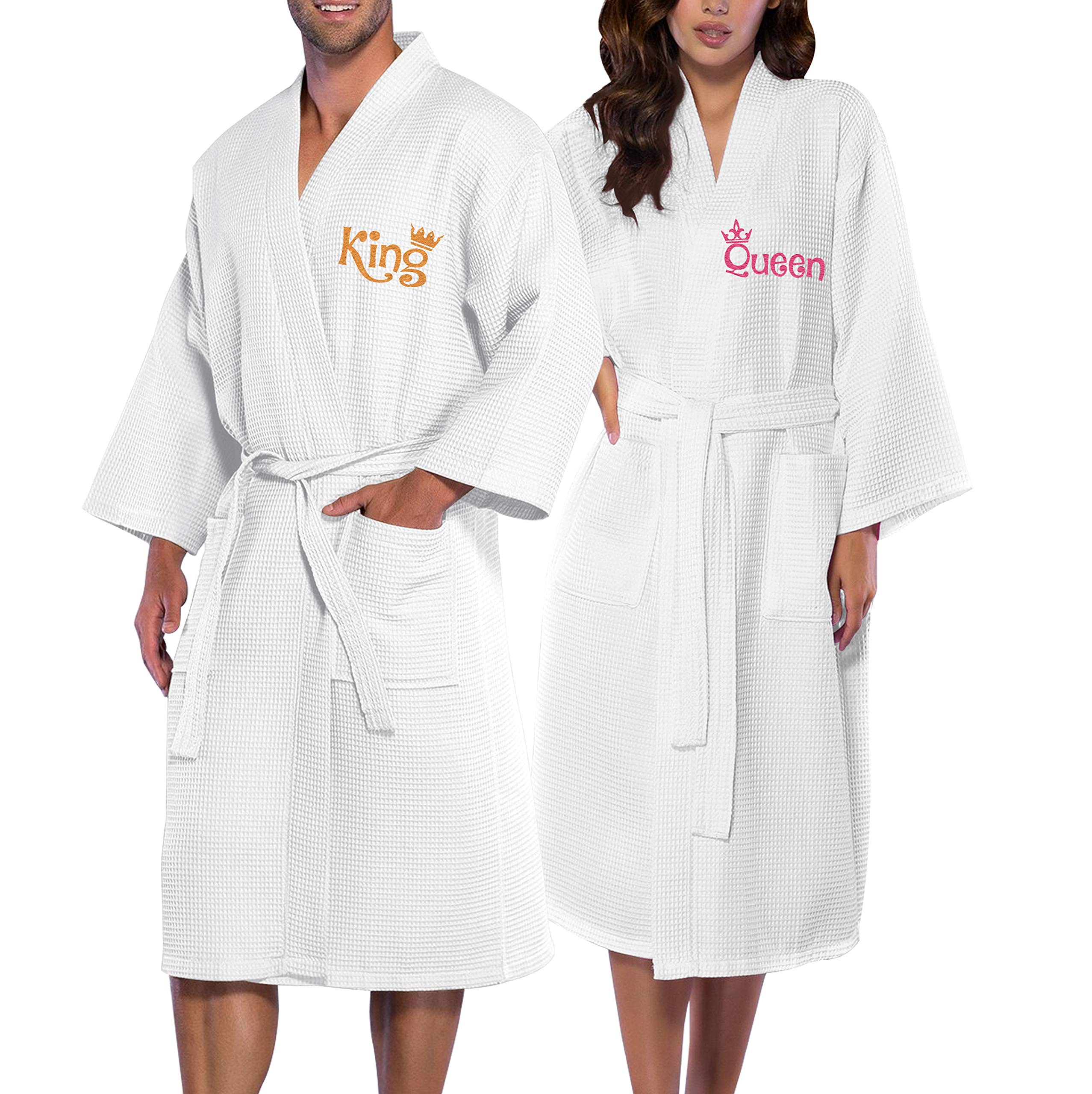 NACRE APPAREL Embroidered Cotton Waffle Robe for Men & Women - Queen/King Size Couples Bathrobe with Spa Kimono Design - Perfect for Honeymoon, Hotel Stay, Bridal Shower, and Relaxing at Home