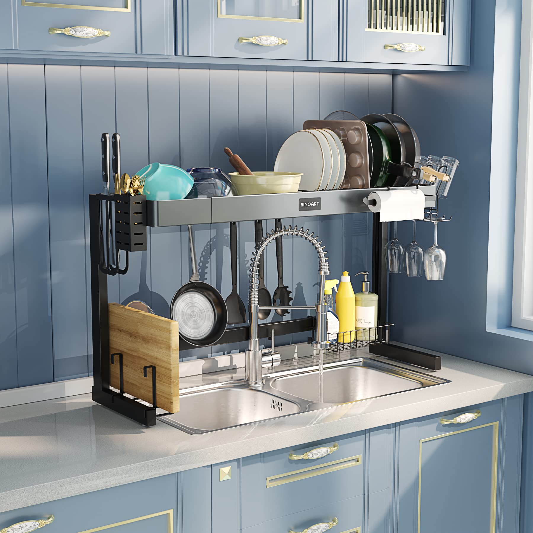 Expandable Stainless Steel Dish Rack Over The Sink with Cutlery Drainer - Space Saving Kitchen Organizer for Small Apartments & RVs