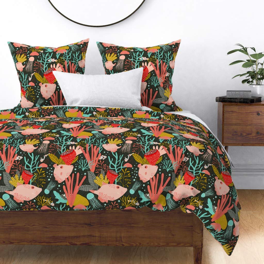 Premium Cotton Sateen Duvet Cover King/California King Size - Vibrant Ocean Life Print Featuring Fish, Turtles & Coral Reef Design | Custom Modern Bedding for Coastal & Nautical Themed Bedrooms
