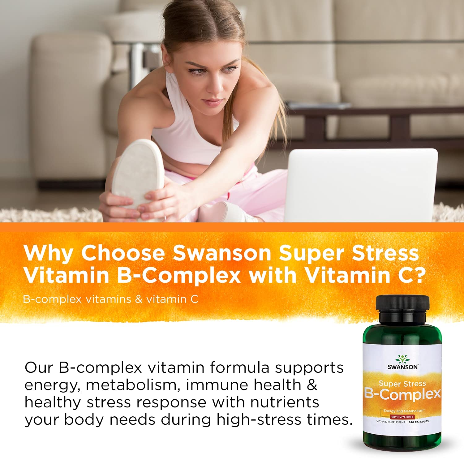 Swanson Super Stress B-Complex Vitamins - 240 Capsules (2 Pack) - Supports Relaxation, Metabolism & Energy - Stress Relief & Wellness Supplement for Busy Professionals & Students