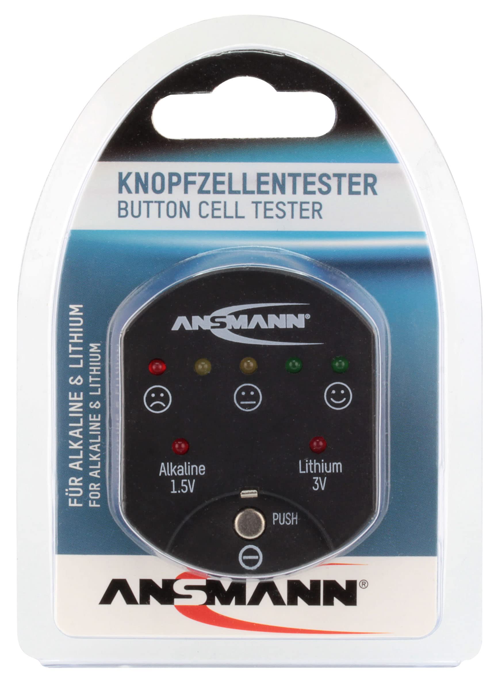 ANSMANN 1.5V & 3V Button Cell Battery Tester - Alkaline & Lithium Capacity Checker for CR2025, CR2032, LR41, LR44 - Perfect for Home, Office & Electronics Maintenance