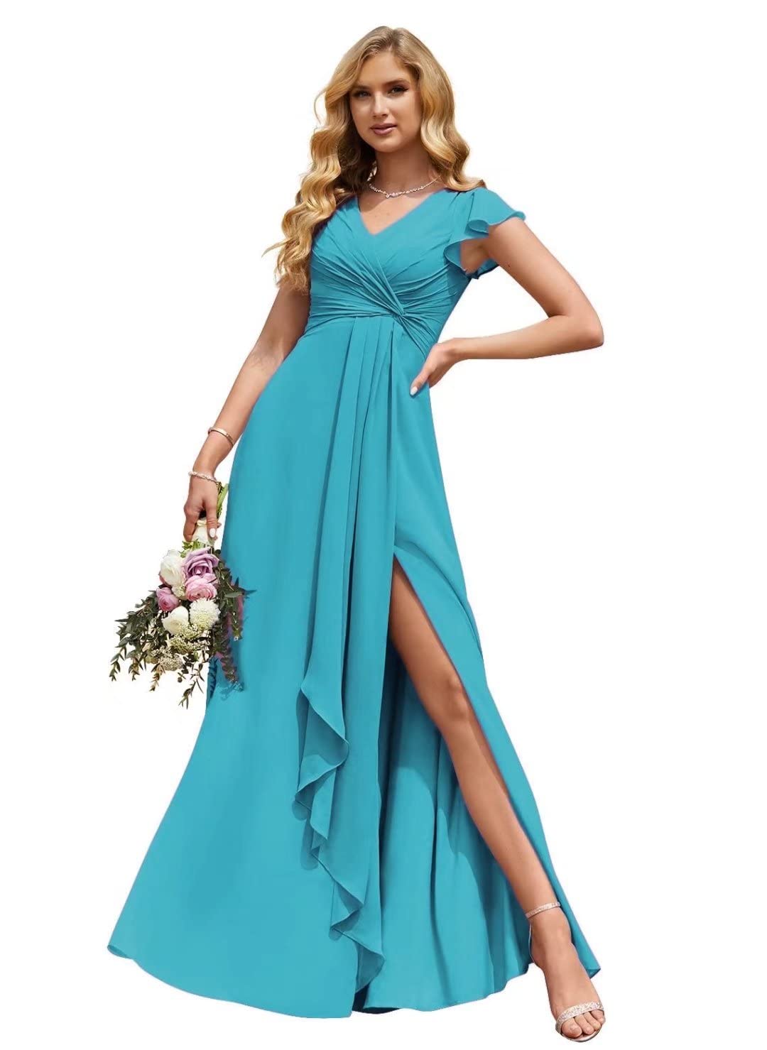 Verngo Women's V-Neck Chiffon Bridesmaid Dress Long Formal Gown with Side Slit & Ruffled Cap Sleeves - Empire Waist Wedding Party, Prom, Evening Gown for Special Occasions